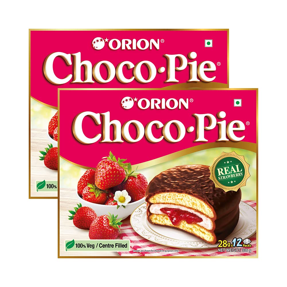 ORION Strawberry Choco Pie - 2 x 12 Piece Pack (24 pies)| Centre-filled Chocolate biscuit