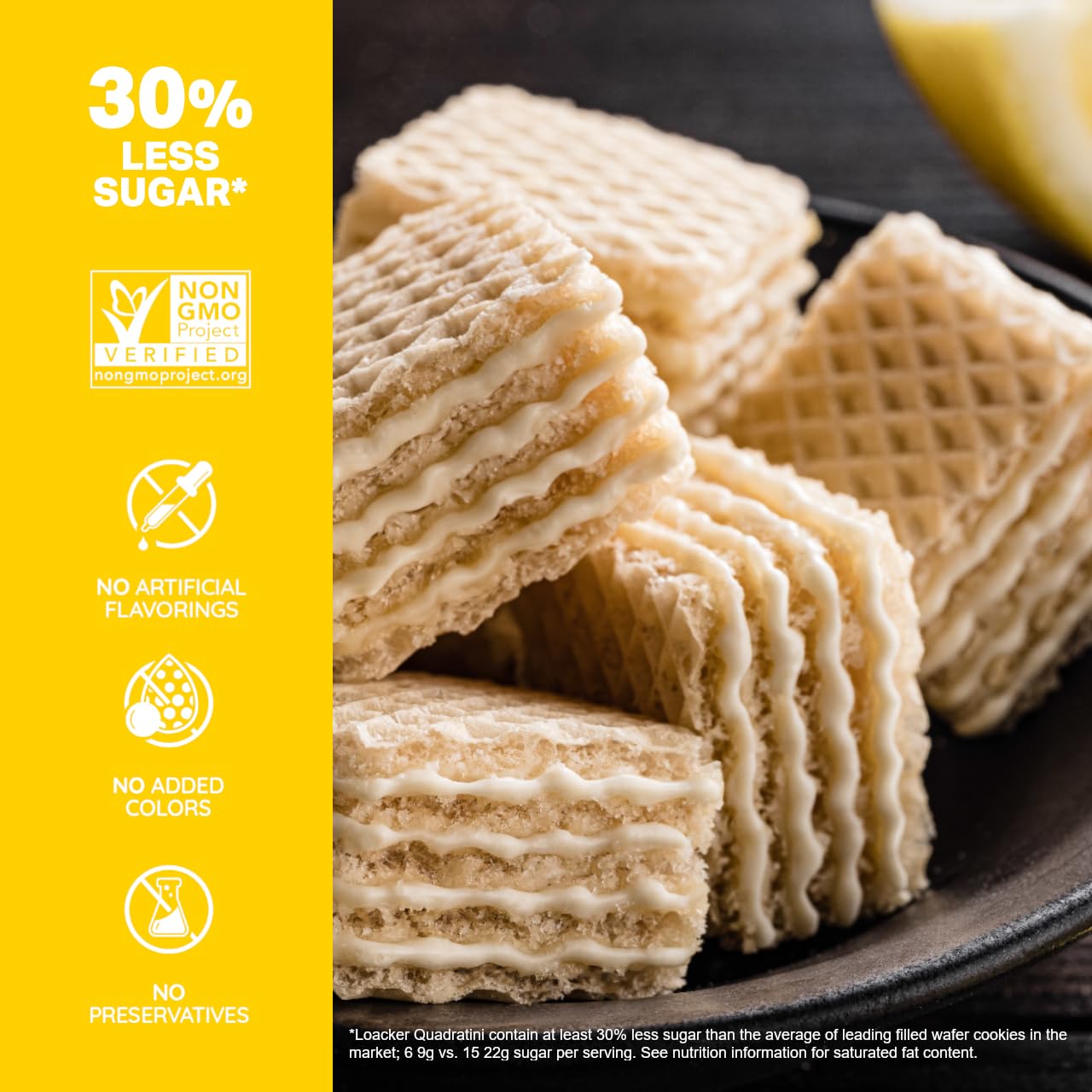 Loacker Quadratini Lemon Wafers Large - Crispy Bite Size Wafer Cookies - 30% Less Sugar - Lemon Cream Filling - Non-Gmo - Pack Of 6