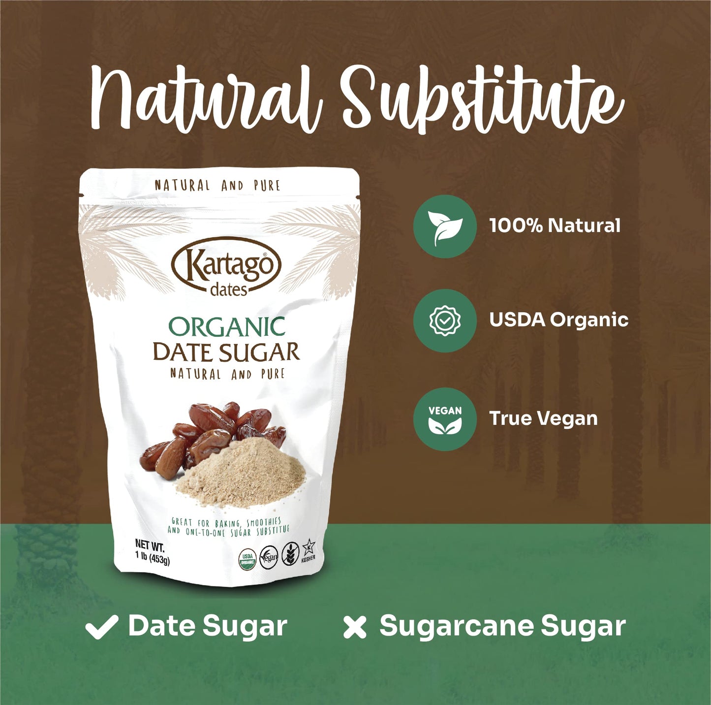 Organic Date Sugar - Sugar Substitute from Kartago, 1lb Single Pack