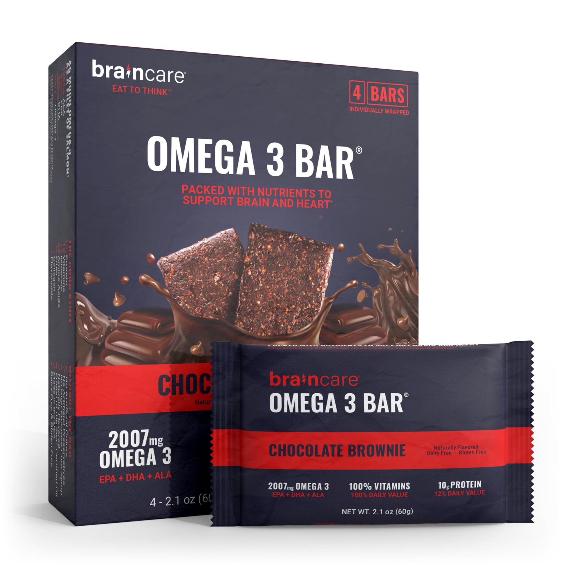 Braincare Omega 3 Fig Bars, Gluten-Free Protein Snacks, 1,956mg Omega-3, Meal Replacement, 4 Count