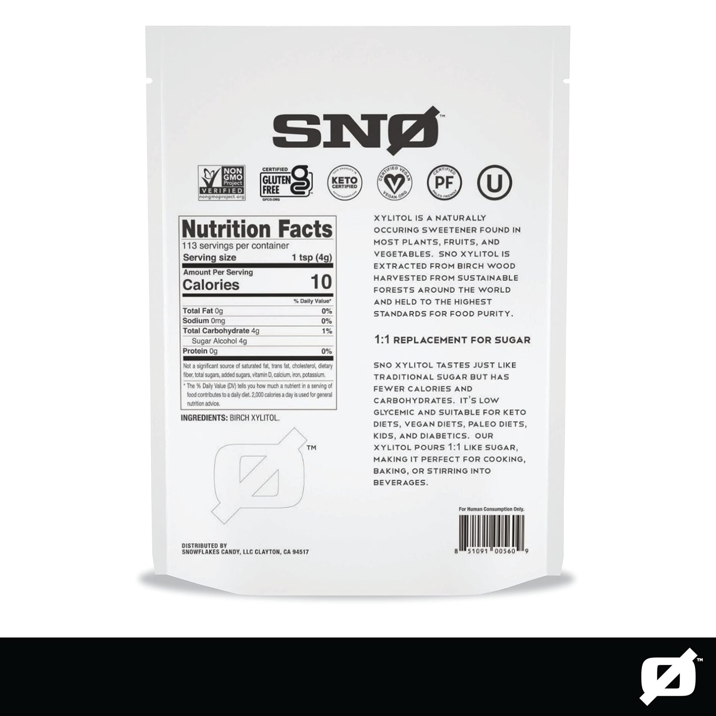 SNO Pure Birch Xylitol Sweetener - 1lb Resealable Bag | Low Calorie, Non-GMO, Gluten-Free, Vegan, Kosher | Paleo, Diabetic, & Ke