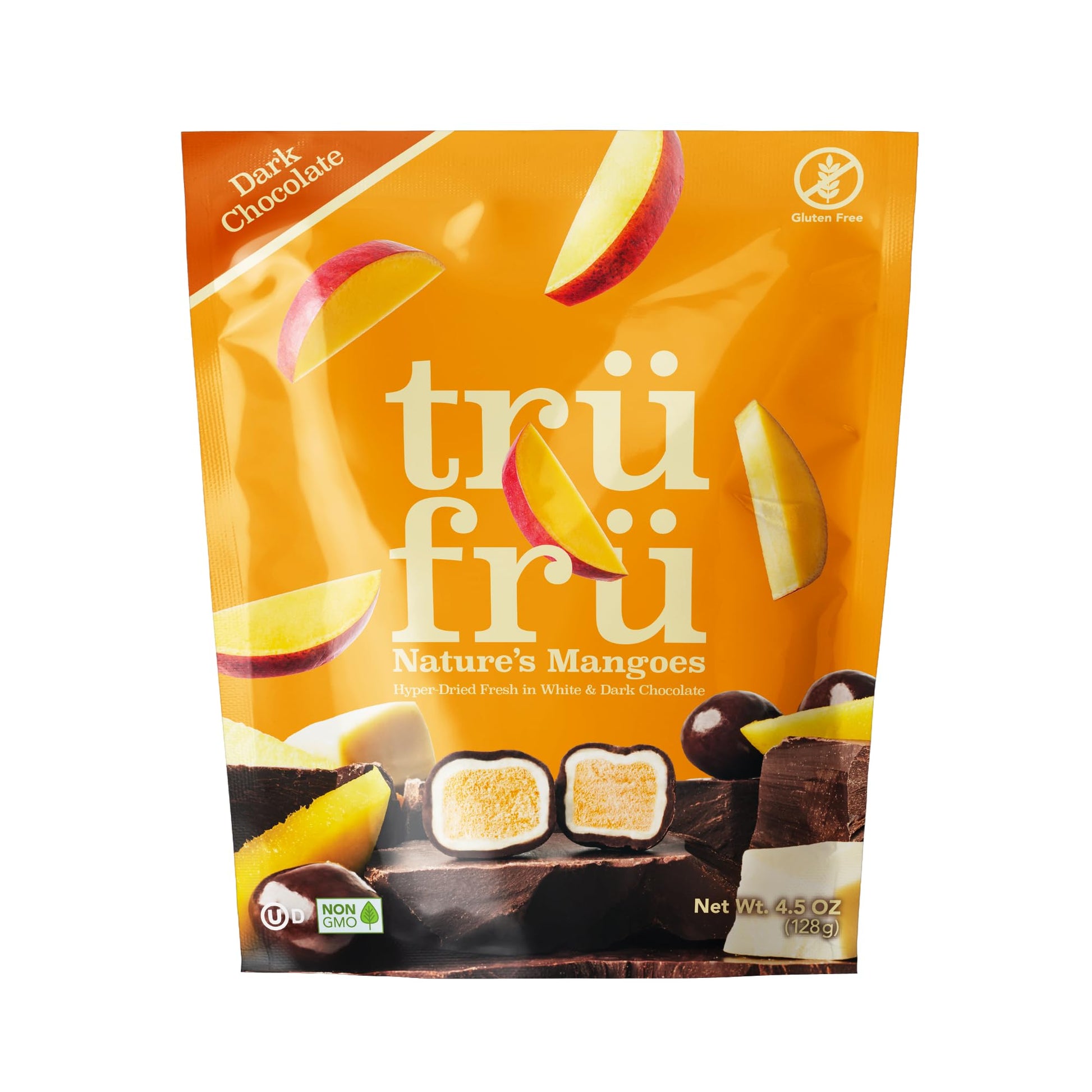 Tru Fru Dark Chocolate Covered Mangoes, 4.5 Ounce Bag, Pack of 1, Hyper-Dried