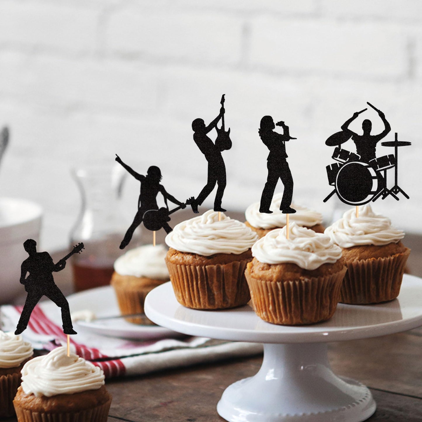 Ercadio 25 Pack Rock Band Cupcake Toppers Black Glitter Band Cupcake Picks Rock Pop Music Theme Cupcake Picks Music Concert Them