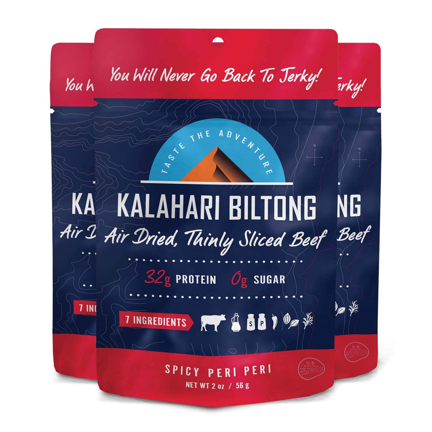 Spicy Peri Peri Kalahari Biltong, Air-Dried Thinly Sliced Beef, 2Oz (Pack Of 3), Sugar Free, Gluten Free, Keto & Paleo, High Pro