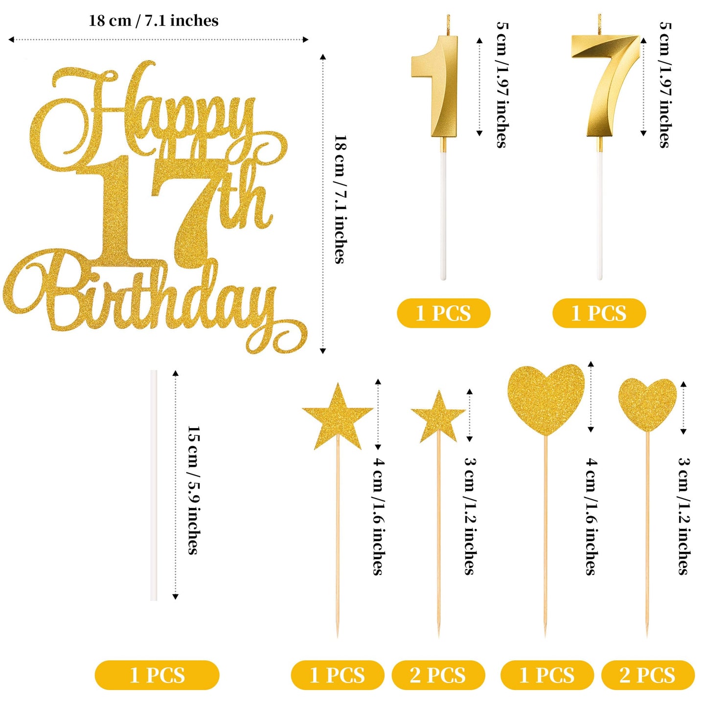 Lecferrarc 17th Birthday Cake Decorations Set, Gold Glitter Toppers and Candles