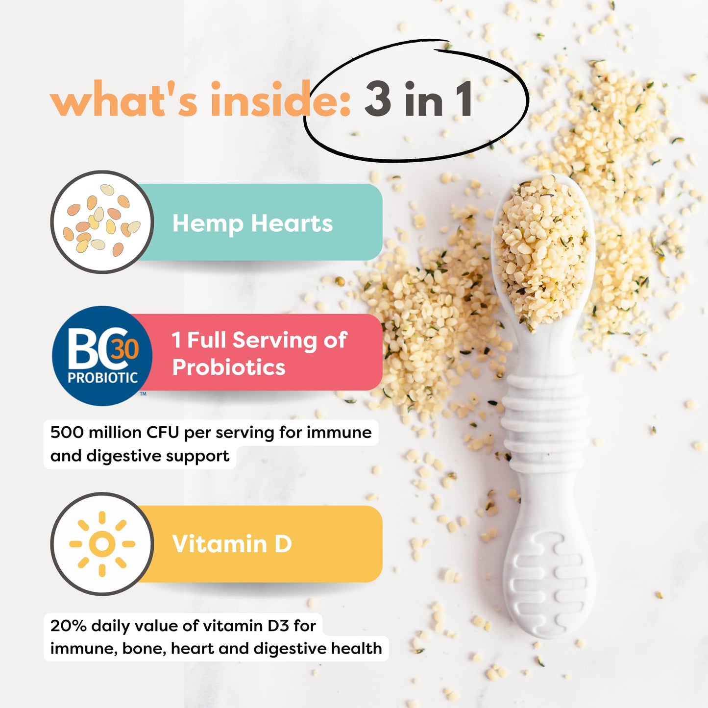 Superseed Organic Hemp Hearts with Vitamin D + PROBIOTICS, Omega-3s Prebiotic Fiber Protein, Seeds for 6M+ Babies Toddlers & Kid