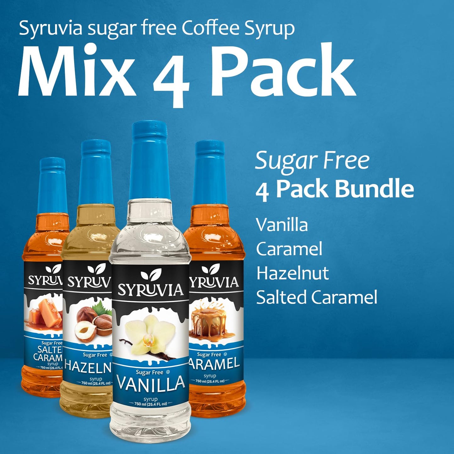Syruvia Coffee Syrup Variety Pack Sugar Free Vanilla  Caramel  Hazelnut & Salted Caramel Kosher  25.4 fl oz bottles - Elevate Your Coffee Experience!
