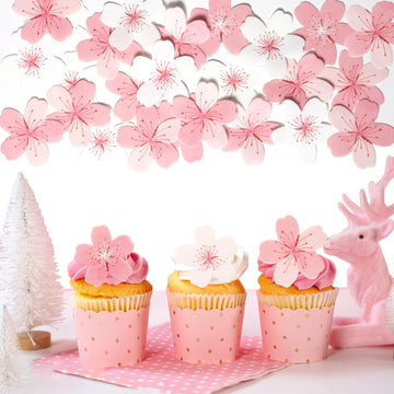 60 Pcs Edible Flowers Cake Topper Cupcake Toppers Decorations Wafer Paper Pink Cherry Blossom Flowers Wedding Themed Party Birth