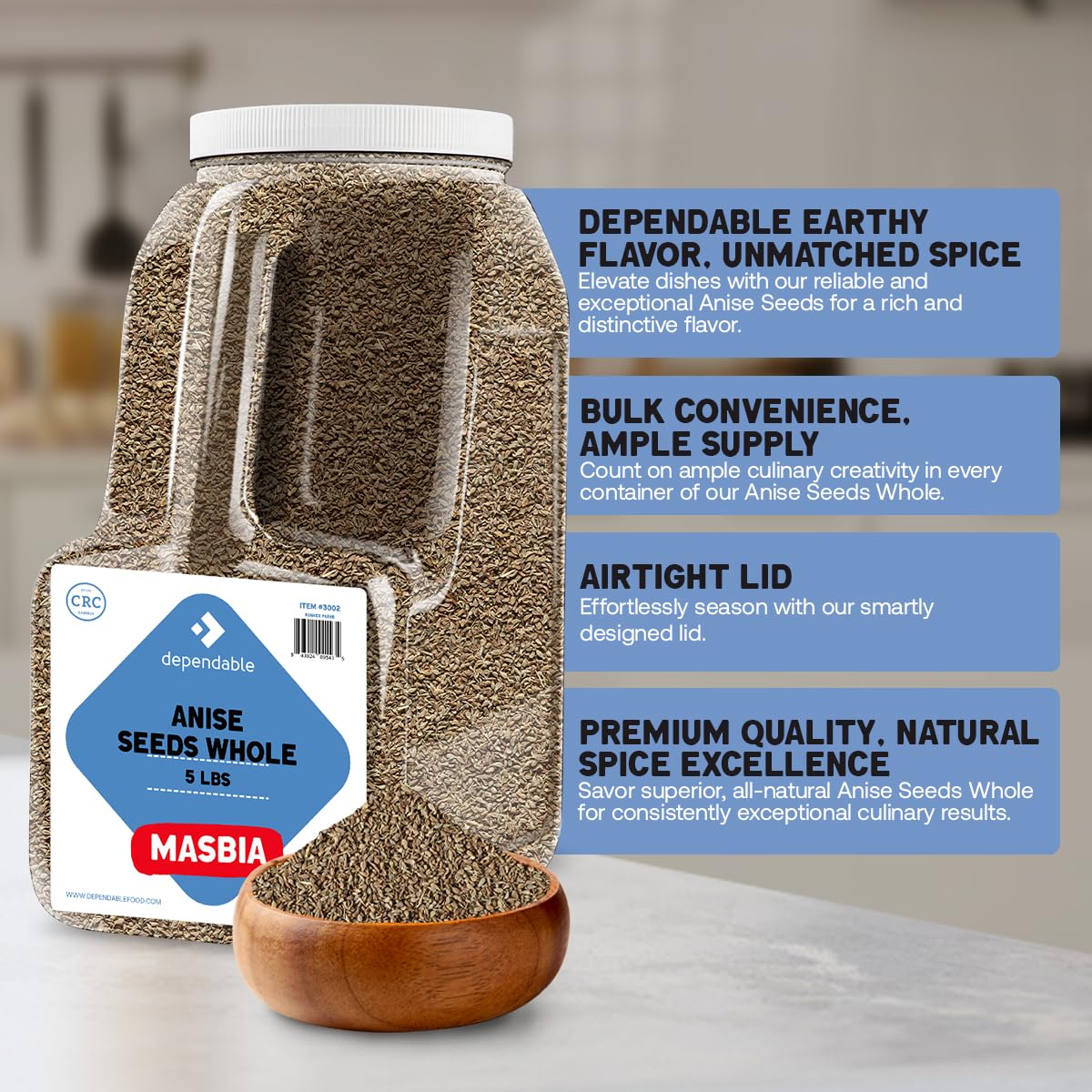 Dependable Food Whole Anise Seeds - 5 Lb. Bulk Jar - 100% Natural, Non-Gmo, Kosher, Allergen-Free - Resealable Jug