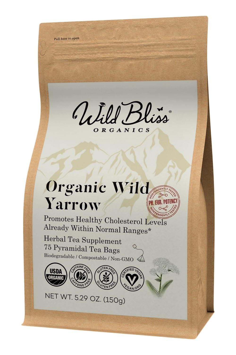 Wild Bliss Organic Wild Yarrow Flower Herbal Tea - Caffeine Free - 75 Plant Based Tea Bags