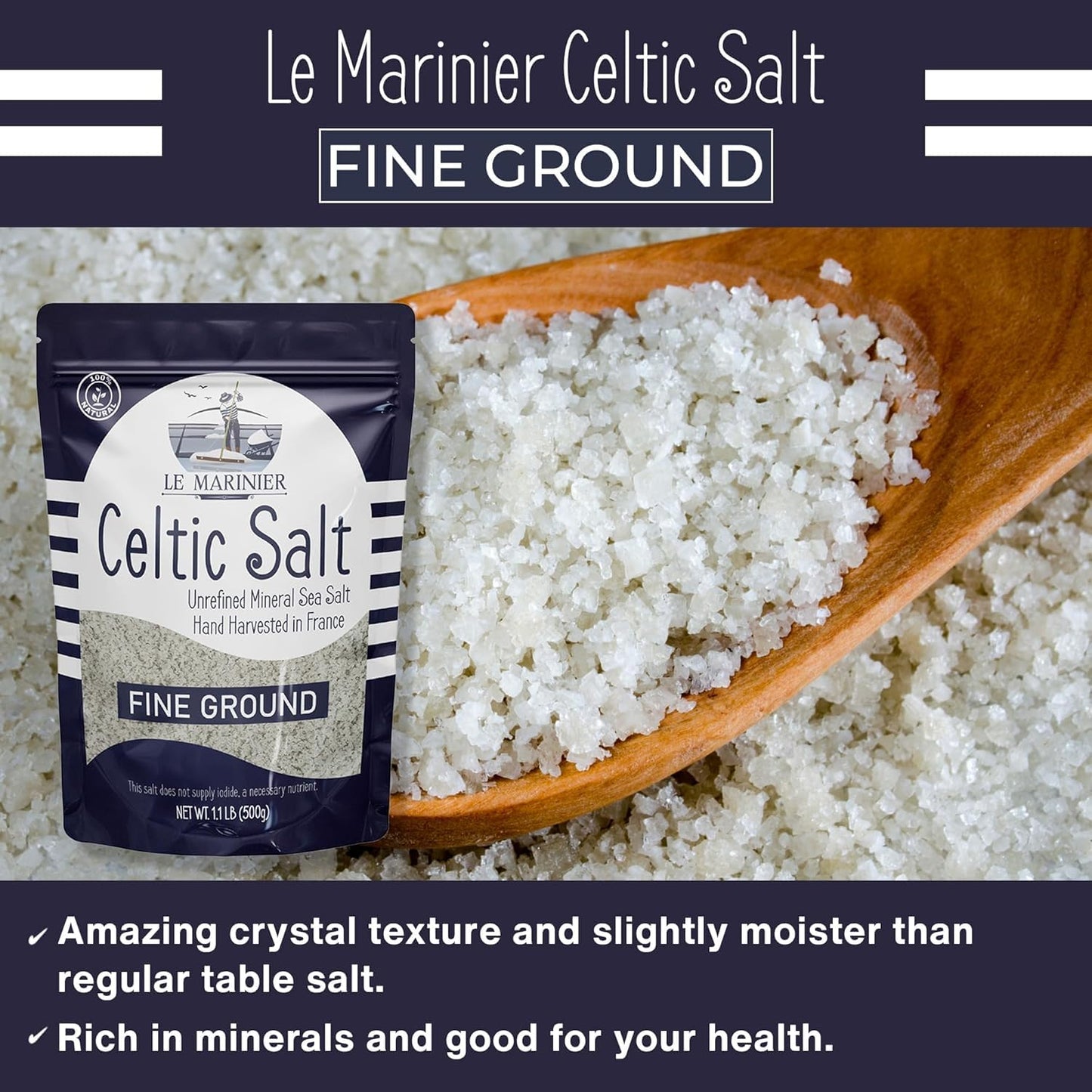 Le Marinier French Sea Salt Fine Ground Sea Salt, 1.1lb - 18oz, Pack of 2. Mineral Rich Unrefined French Sea Salt 100% Natural,