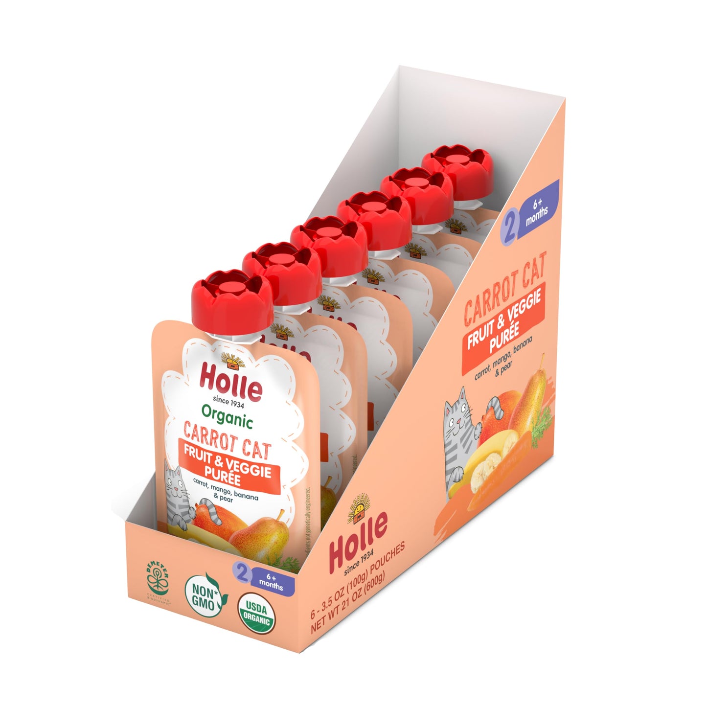 Holle Organic Baby Food Pouches - Carrot Cat Baby Puree With Carrot, Mango, Banana & Pear - (6 Pack) Organic Baby Snacks + Fruit And Veggie Pouches For Weaning Babies 6 Months And Older