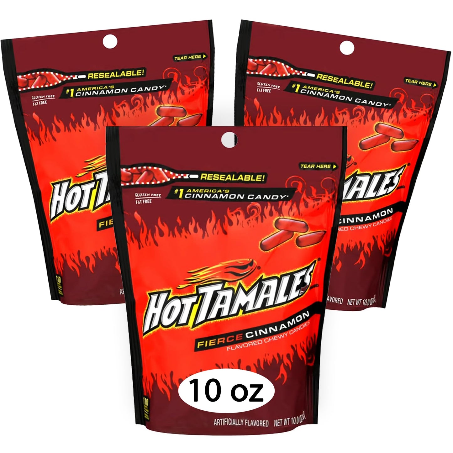 Hot Tamales Cinnamon Chewy Candy Pack of 3 Bags - 10 oz Each - Candy Bulk Spicy Hot Tamales Cinnamon Chewy Red Candy