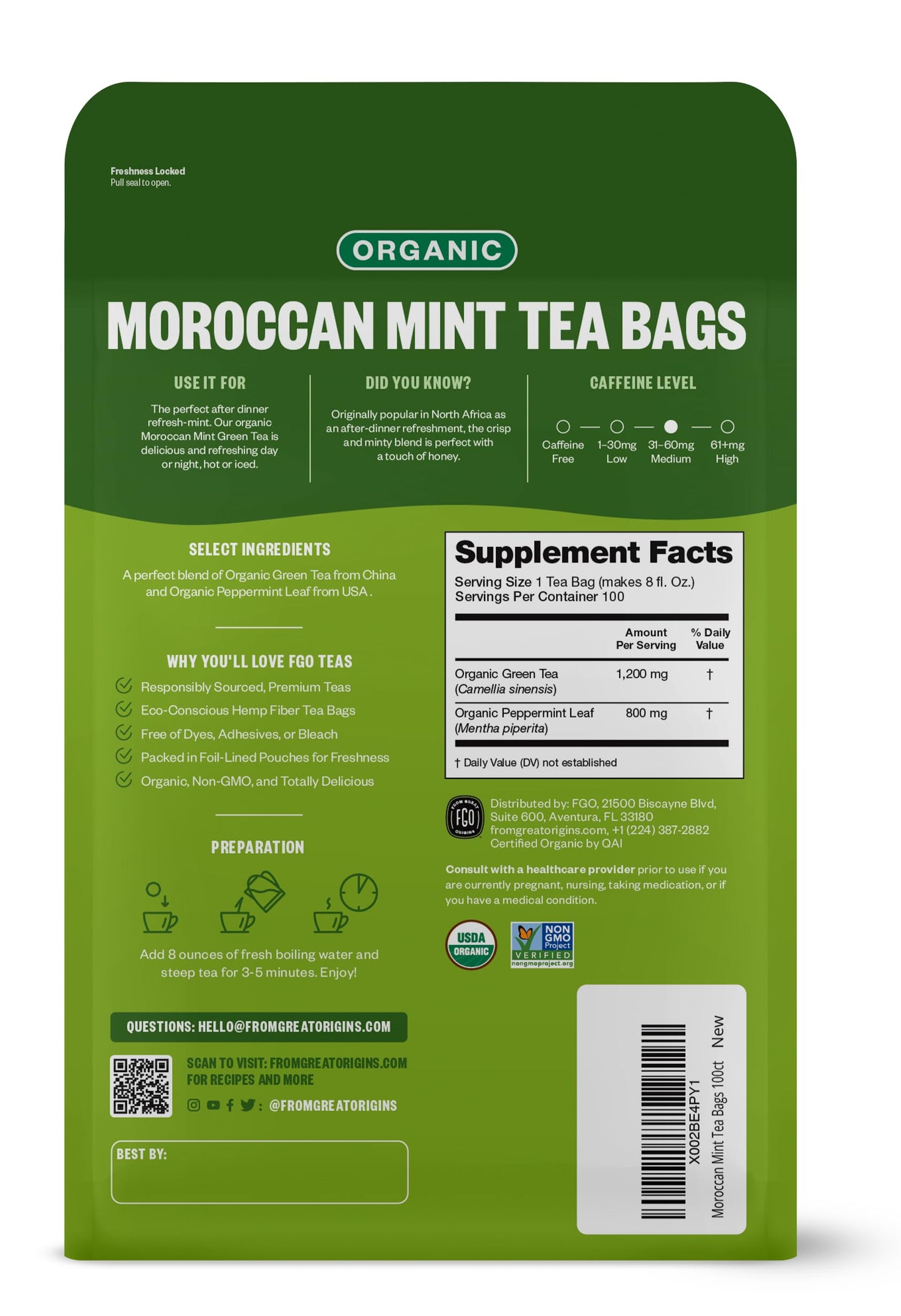 Fgo Organic Moroccan Mint Green Tea, Eco-Conscious Tea Bags, 100 Count, Packaging May Vary (Pack Of 1)