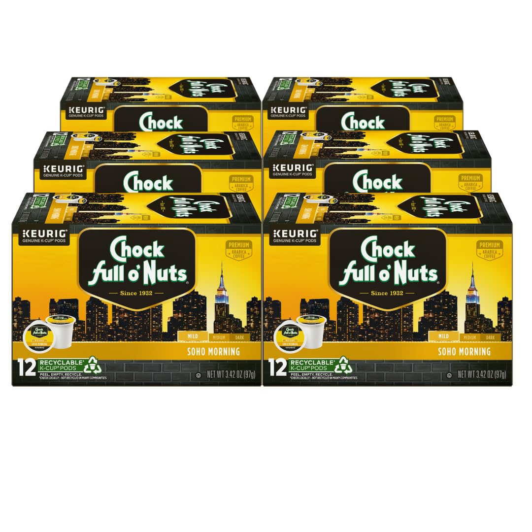 Chock Full o Nuts Soho Morning Coffee, Mild Roast, Compatible with K-Cup Pods, 12 Count (Pack of 6)