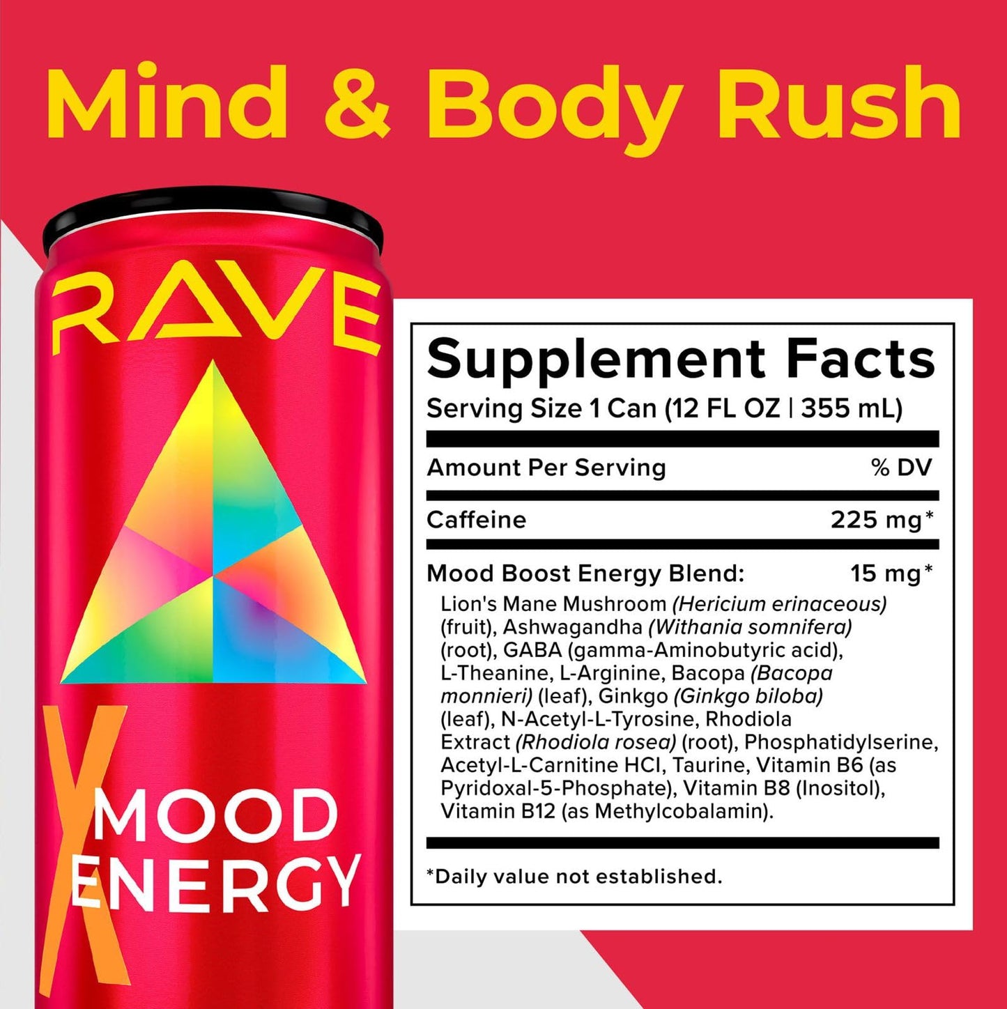 RAVE Mood Energy Drink is Mind Blowingly Different. With Mood-Boosting Functional Mushrooms  Nootropics  Adaptogens & B Vitamins. Experience Mind & Body Rush! 225mg Caffeine - Electrolytes - Zero Calories - 6 Delicious Flavors - 12 fl oz - 12 Pack