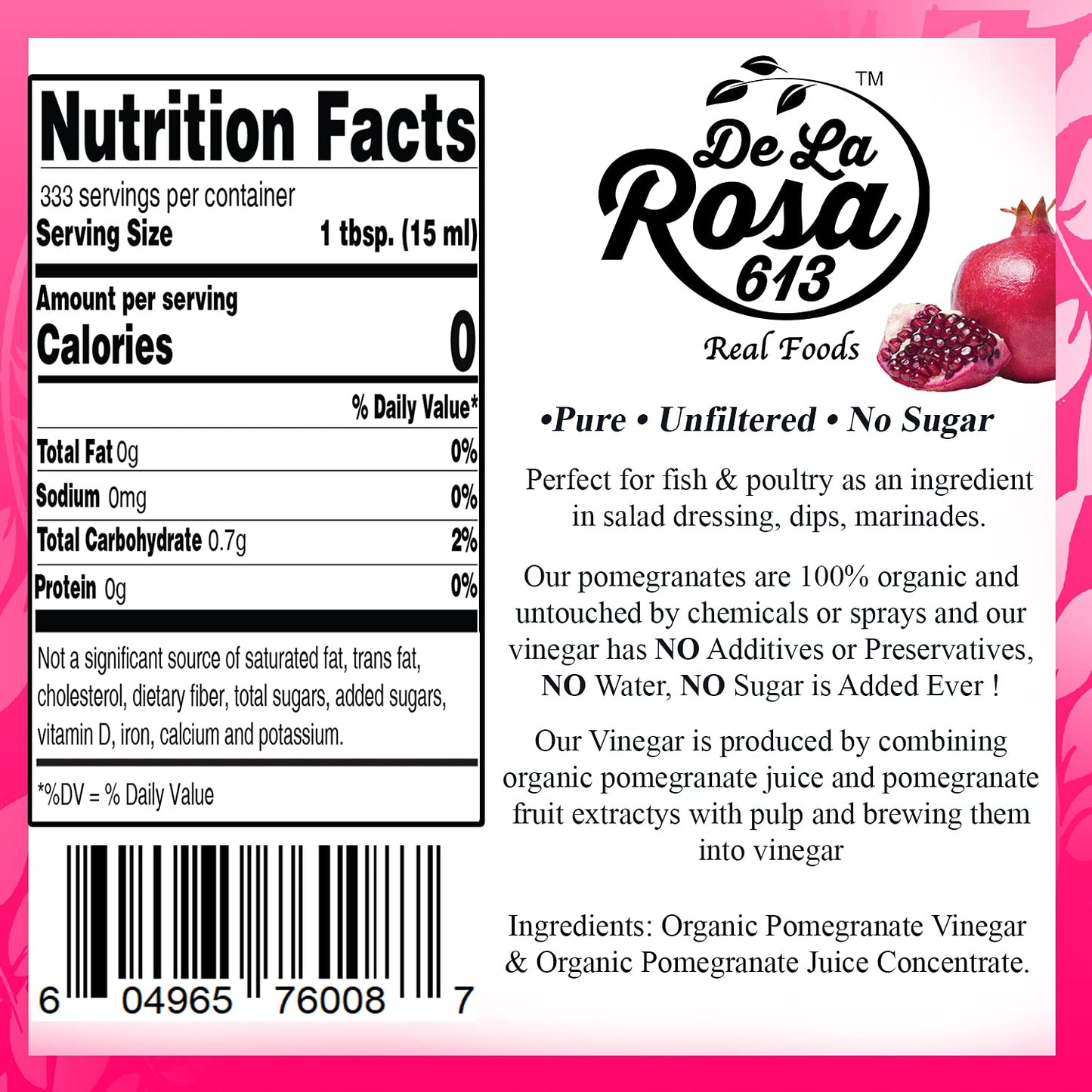 De La Rosa Organic Pomegranate Vinegar, Pure & Unfiltered, Vegan, 169.07 Fl Oz