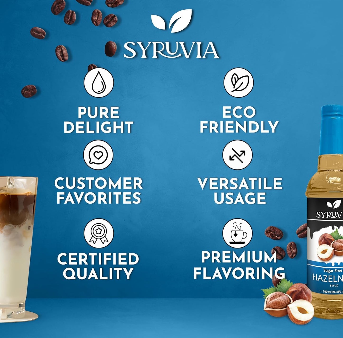Syruvia Sugar-Free Hazelnut Syrup - 25.4 Fl Oz. Premium Coffee Flavoring Syrup. 0 Calories, Kosher, And Gluten-Free. Perfect For