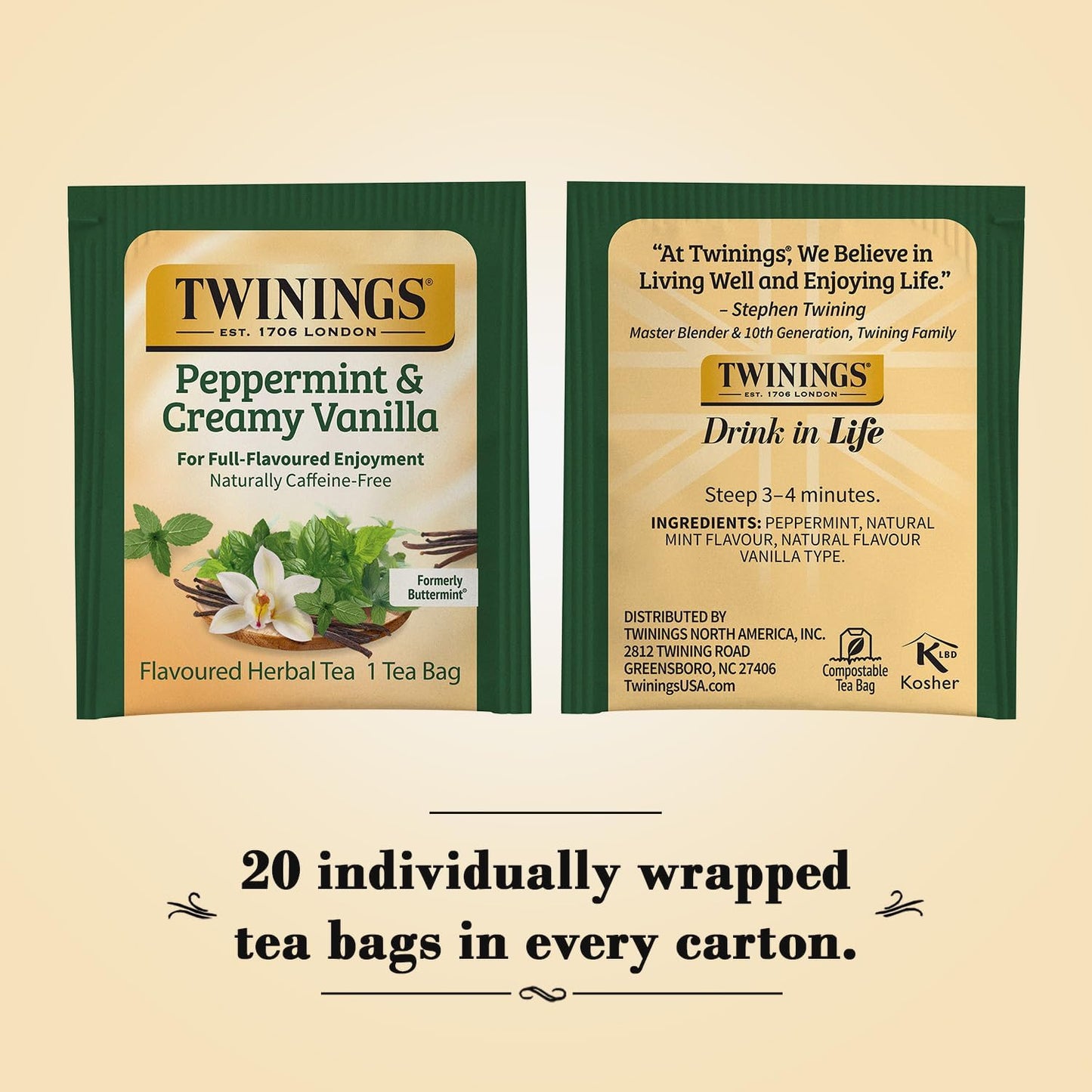 Twinings Peppermint & Creamy Vanilla Herbal Tea, Naturally Caffeine-Free, 20 Count (Pack of 2)