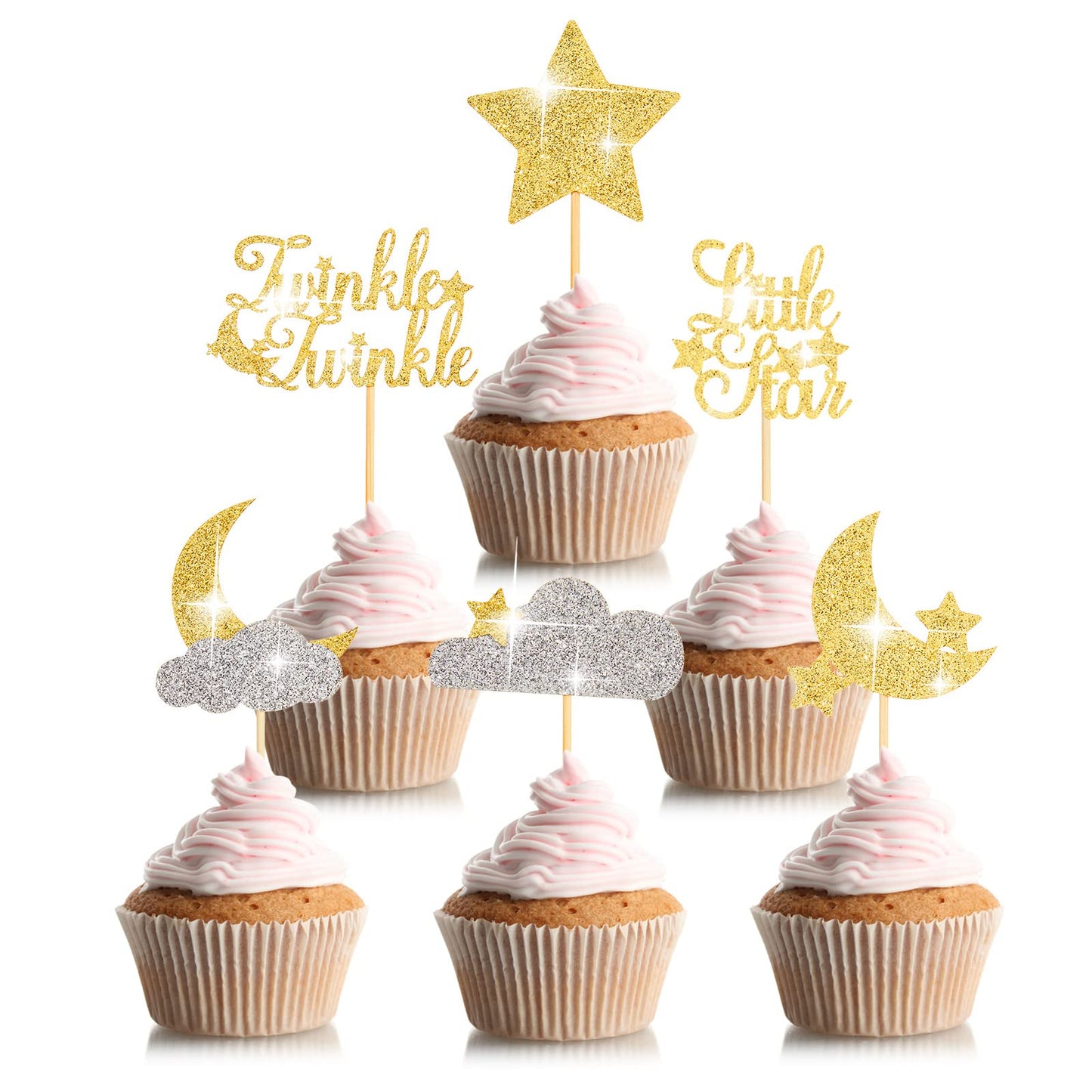 Henoyso Cupcake Toppers 48 Pcs Glitter Star and Moon Picks Gold Silver Bamboo Cardstock Baby Shower Wedding Party Decorations