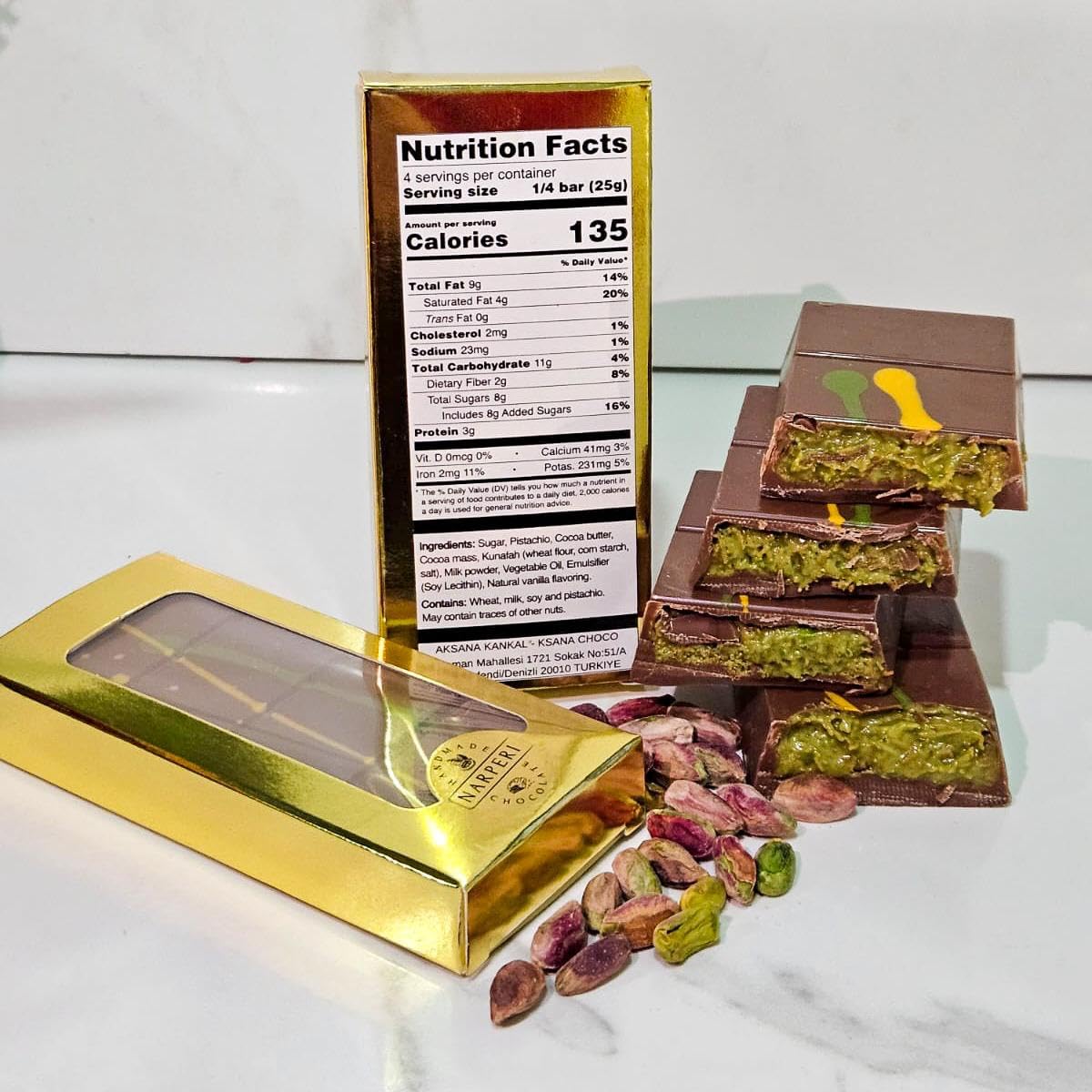 Narperi Dubai Chocolate Bar Pistachio I Viral Knafeh Chocolate Bar With Pistachio Cream And Kataifi, 3.5 Oz Handmade Luxury