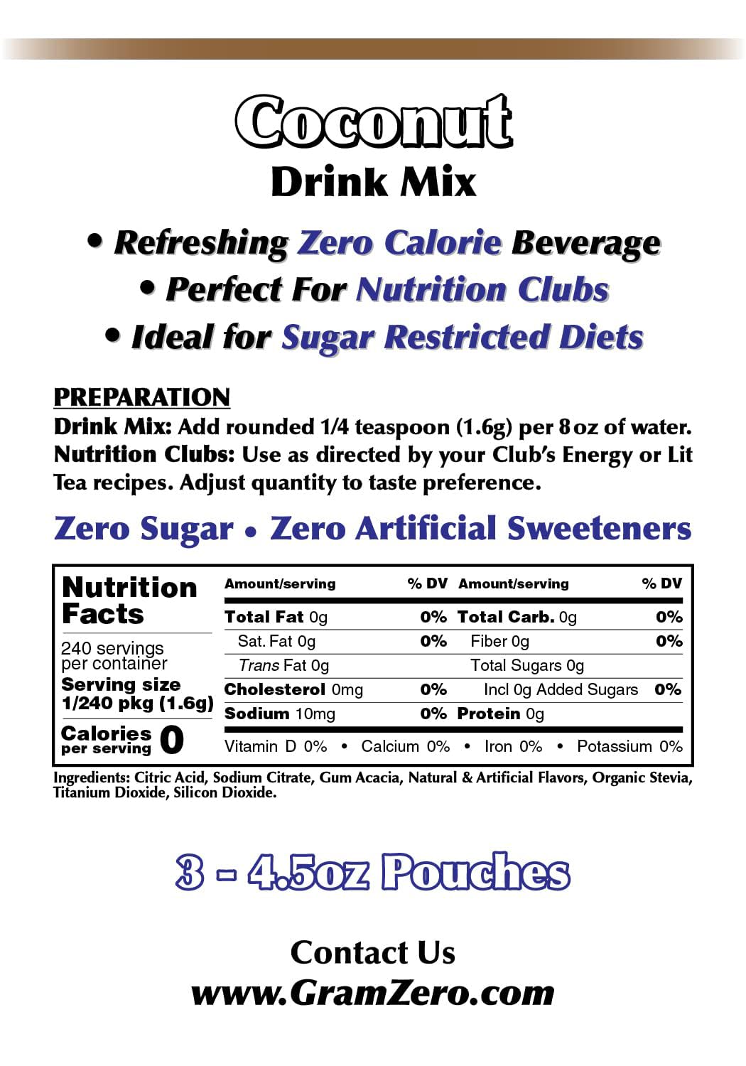 Gramzero Coconut Zero Calorie Sugar Free Drink Mix, Great For Nutrition Club Loaded Teas, Stevia Sweetened