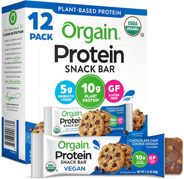 Orgain Organic Vegan Protein Bars, Chocolate Chip Cookie Dough - 10G Plant Based Protein, Low Calorie Healthy Snacks, No Lactose Or Soy Ingredients, Gluten Free, Non-Gmo - 1.41 Oz (Pack Of 12)