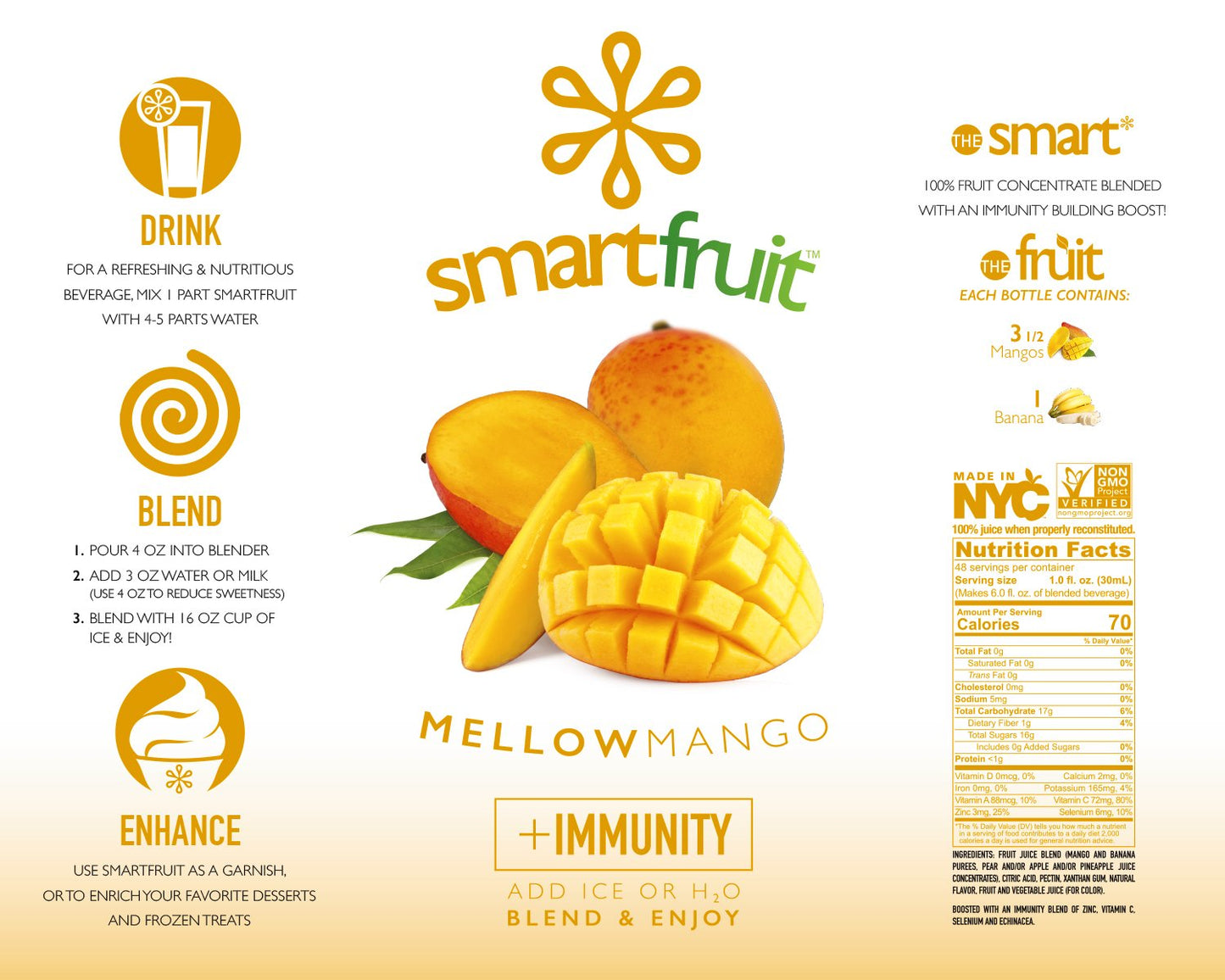 Smartfruit Mellow Mango + Immunity - 100% Real Fruit Pur?e w/Mango  Banana  Apple  Pineapple - Great for Smoothies  Juice  Yogurt  Cocktails  Tea - High in Vitamin C  Selenium  Zinc - 2-Pk  48oz Each