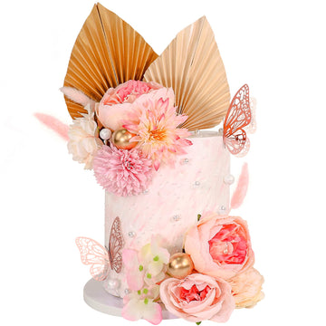 22 Pcs Boho Cake Topper Flower Cake Toppers Flower Palm Leaves Faux Flowers Butterfly Balls Butterfly Cake Topper Decorations Fa