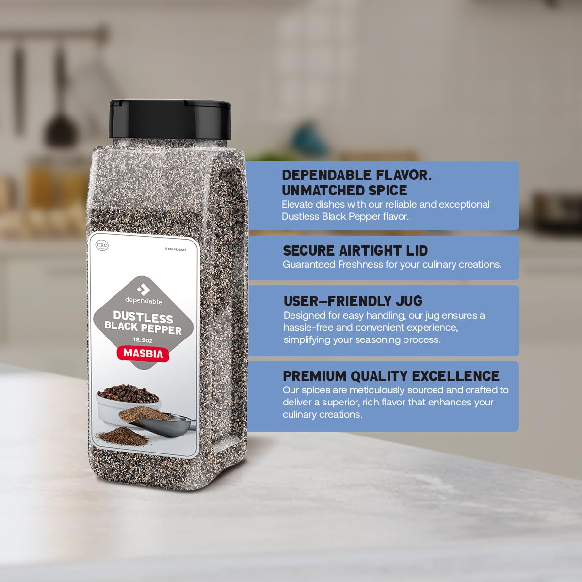 Dependable Foods Black Pepper Spice - 100% Natural, Non-GMO, Salt-Free - 12.9 oz Bulk Jar