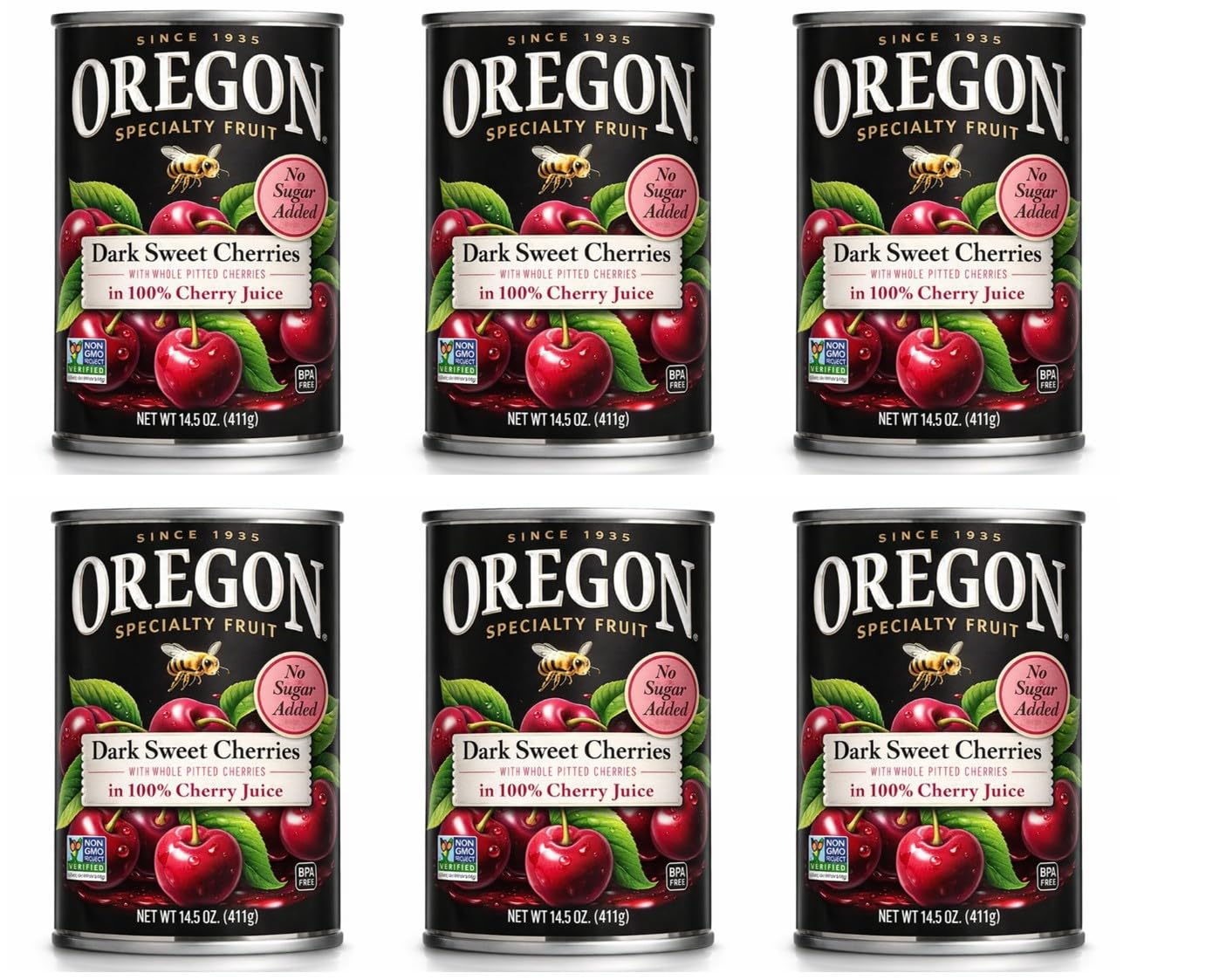 Oregon Pitted Dark Sweet Canned Cherries in 100% Cherry Juice (Value Pack of 6) - No Sugar Added, Kosher, Non GMO, Made in Orego