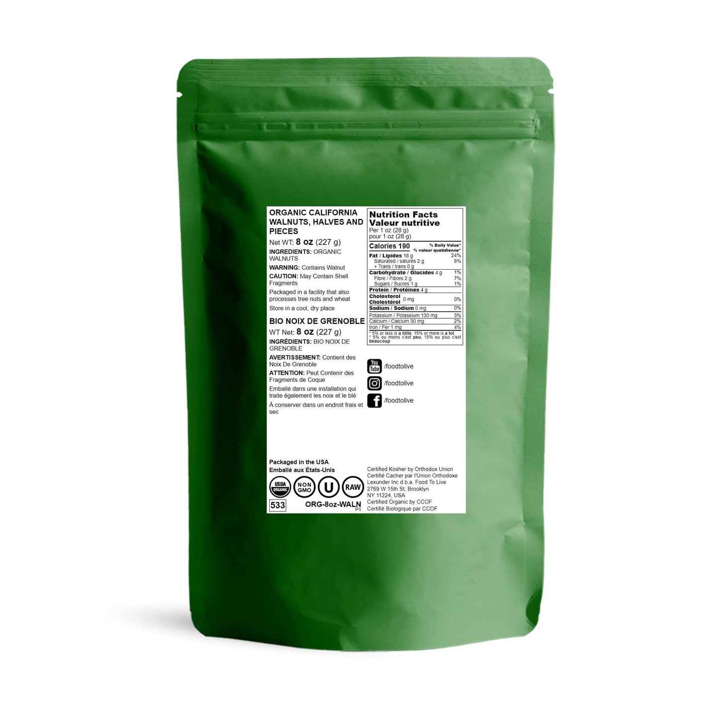Food to Live Organic California Walnuts Halves & Pieces, 8 Ounces Non-GMO, Raw, Unsalted, Shelled, Vegan, Kosher, Sirtfood, Bulk