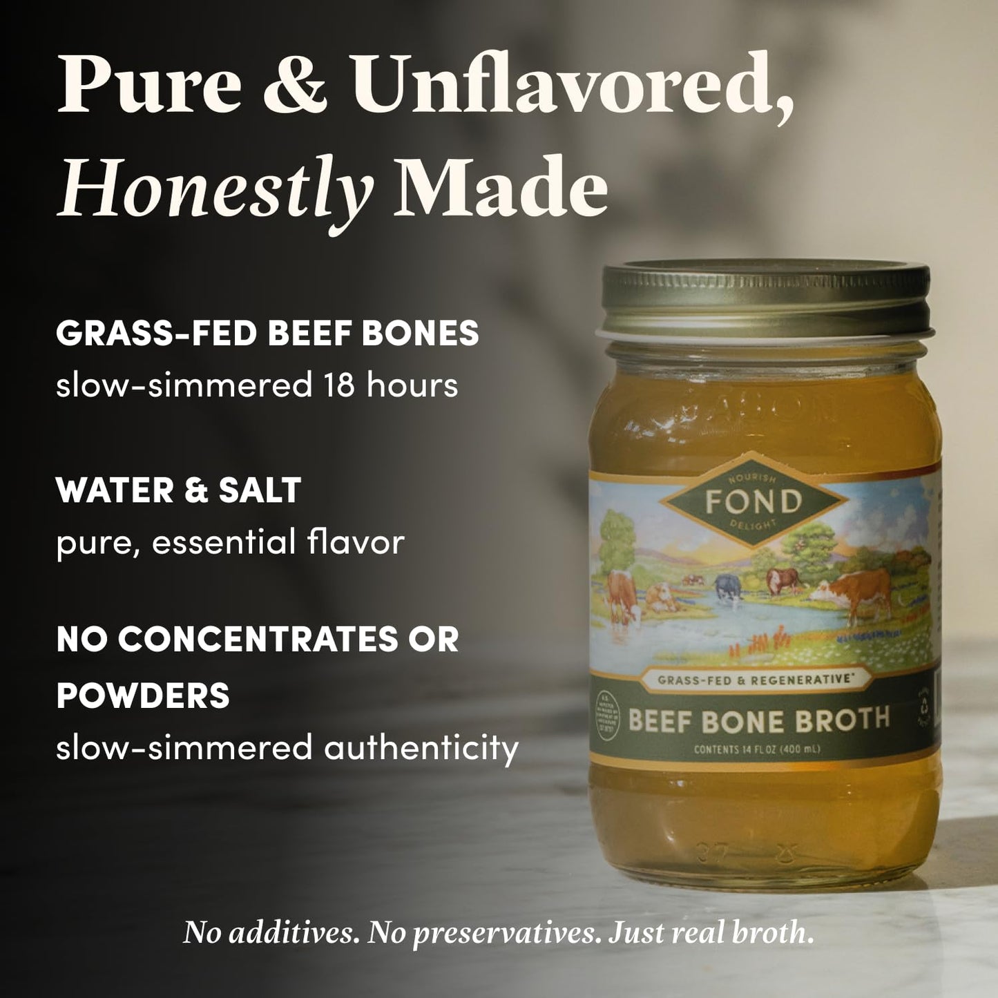 FOND Regenerative Grass Fed Beef Bone Broth - Slow-Simmered Beef Broth for Rich and Nourishing Flavor  Nutrient-Dense  Artisan Quality - Pure & Unflavored  14 oz (4-Pack)