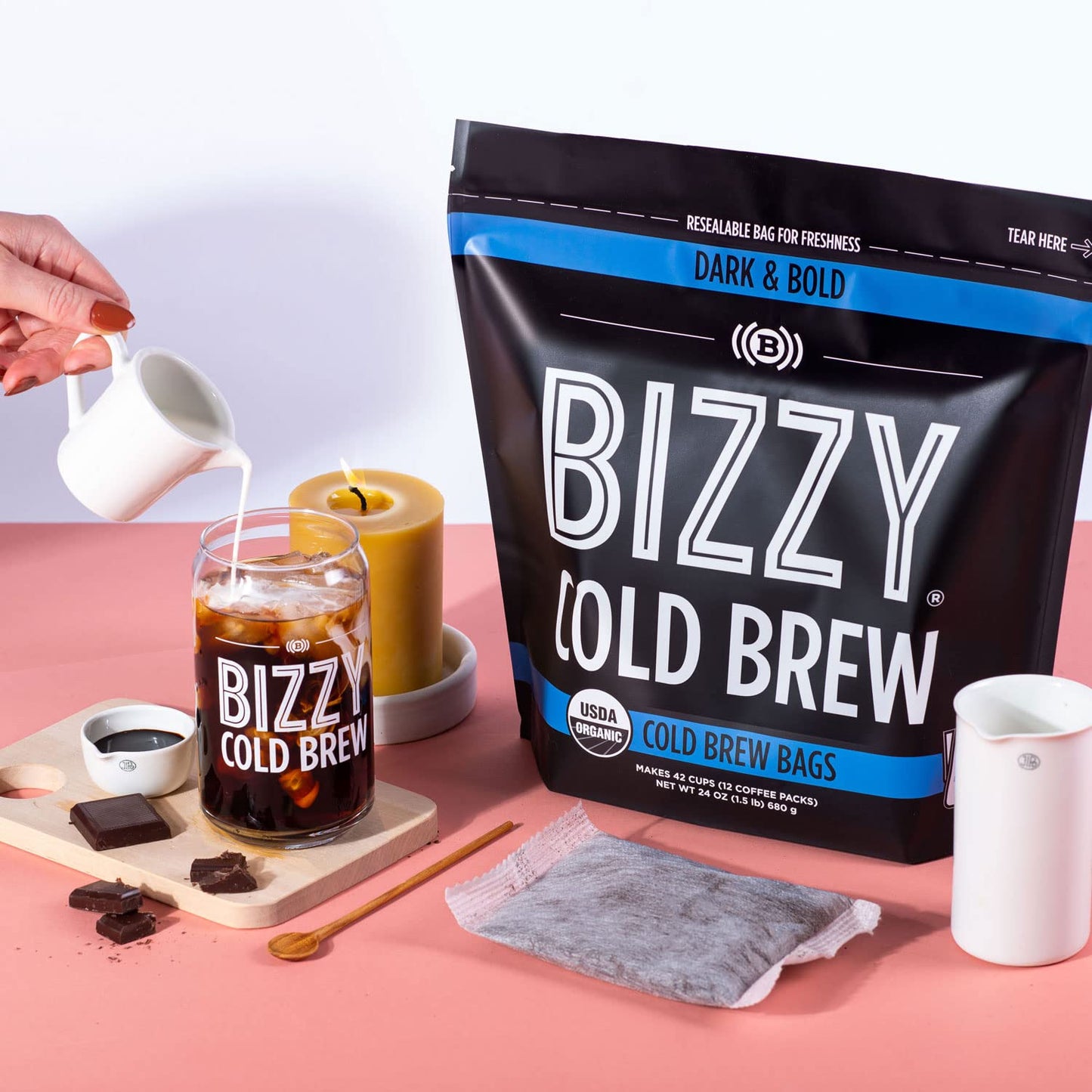 Bizzy Organic Cold Brew Coffee | Dark & Bold Blend | Coarse Ground Coffee | Dark Roast | Micro Sifted | Specialty Grade | 100% Arabica | Brew Bags | 12 Count | Makes 42 Cups