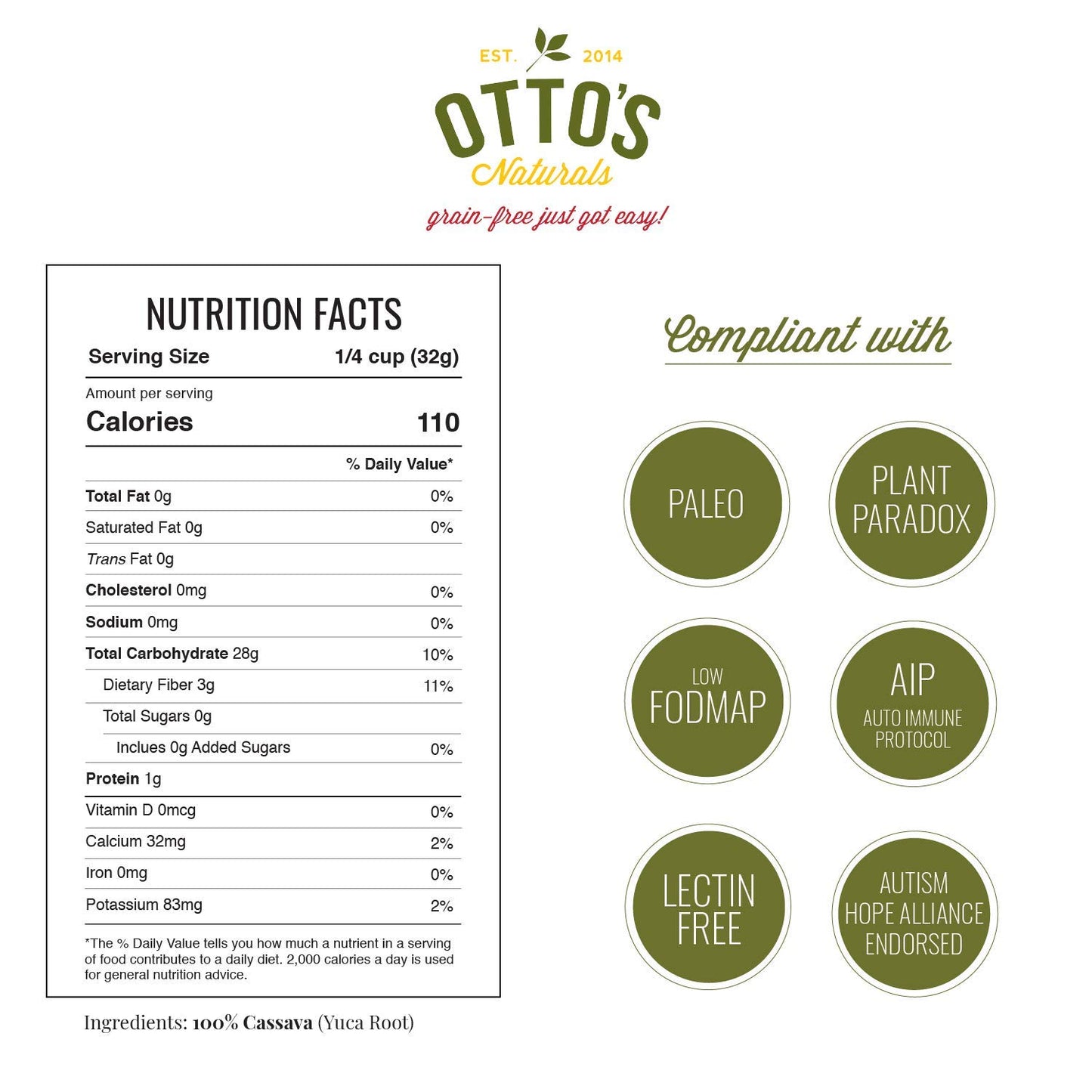Otto's Naturals Cassava Flour (2 Lb. Bag) Grain-Free, Gluten-Free Baking Flour - Made From 100 % Yuca Root - Certified Paleo & N