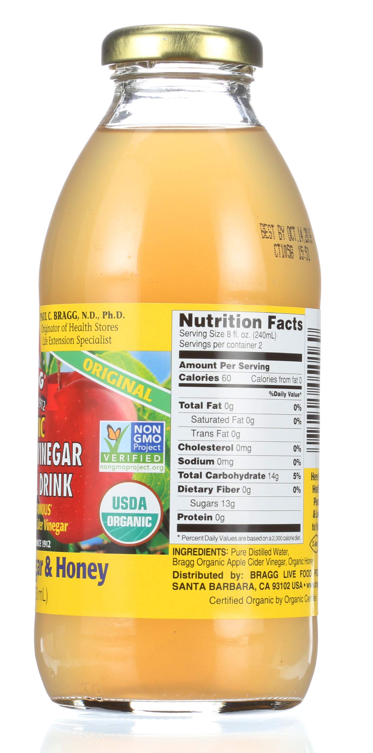 Bragg Organic Apple Cider Vinegar Drink with Honey, 16 Fl Oz, Pack of 12, Model KTS-1865