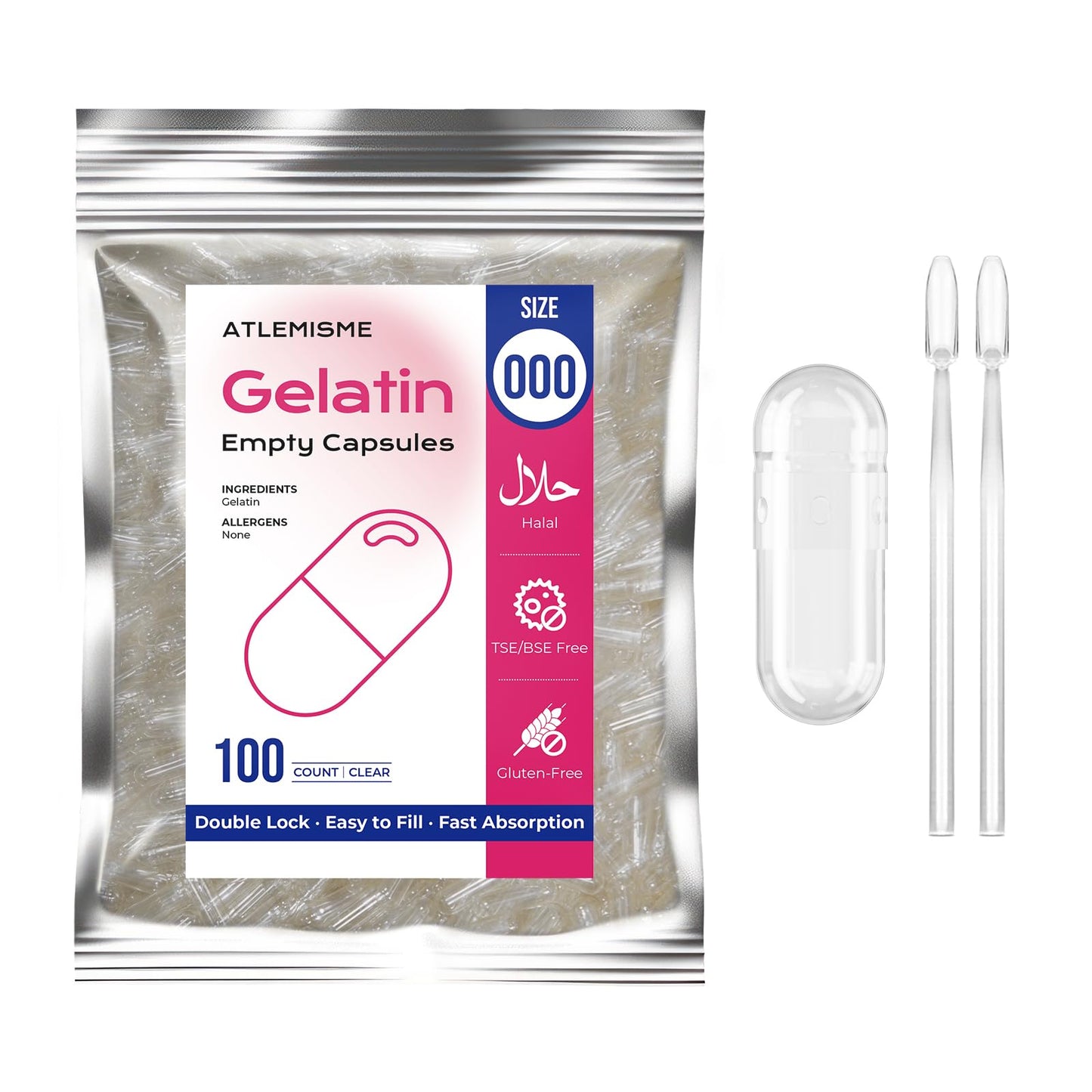 ATLEMISME Empty Gelatin Capsules Size 000 - 100 Count with 2 Micro Lab Spoons for Capsule Filling