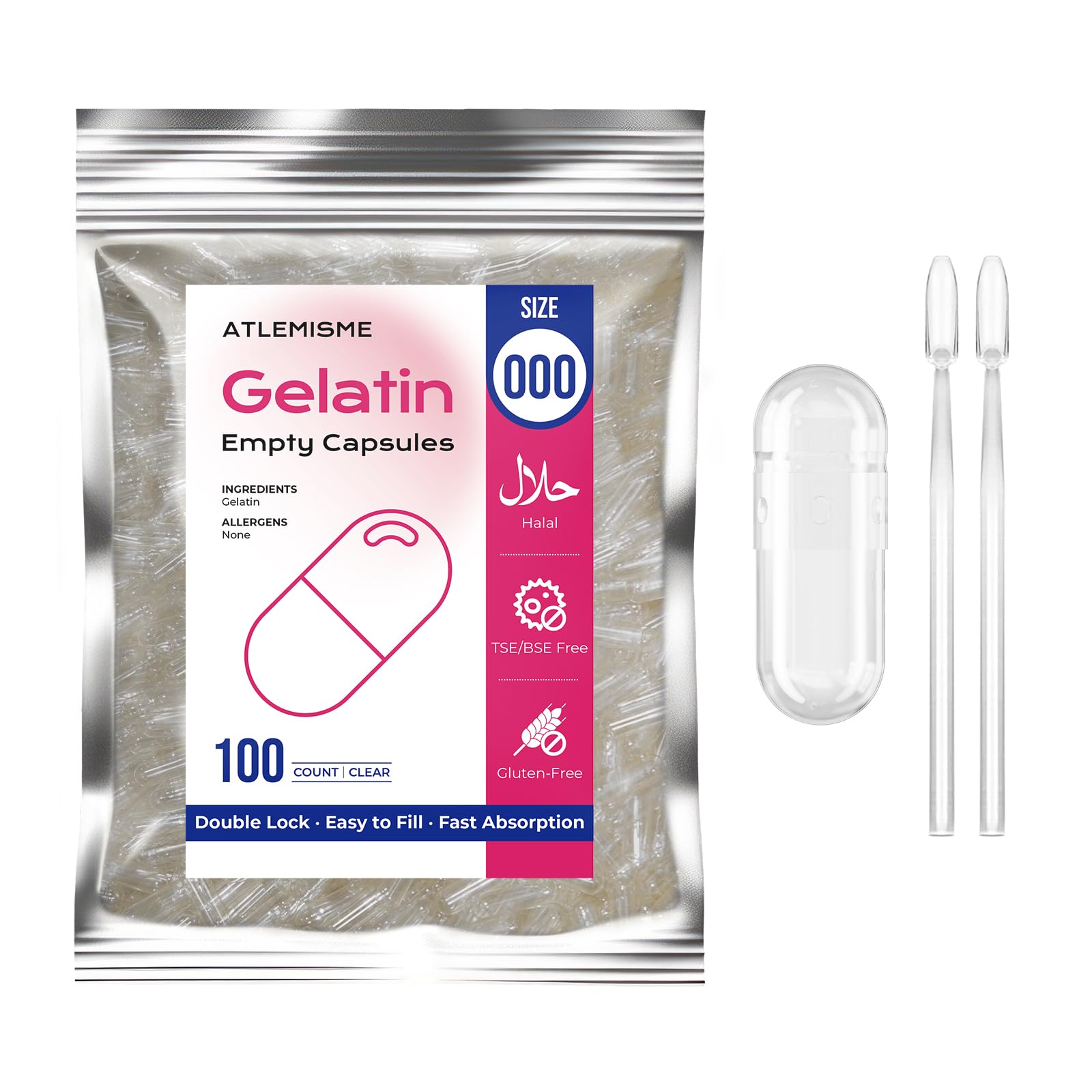 ATLEMISME Empty Gelatin Capsules Size 000 - 100 Count with 2 Micro Lab Spoons for Capsule Filling