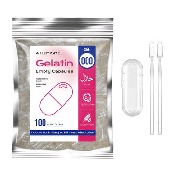 ATLEMISME Empty Gelatin Capsules Size 000 - 100 Count with 2 Micro Lab Spoons for Capsule Filling