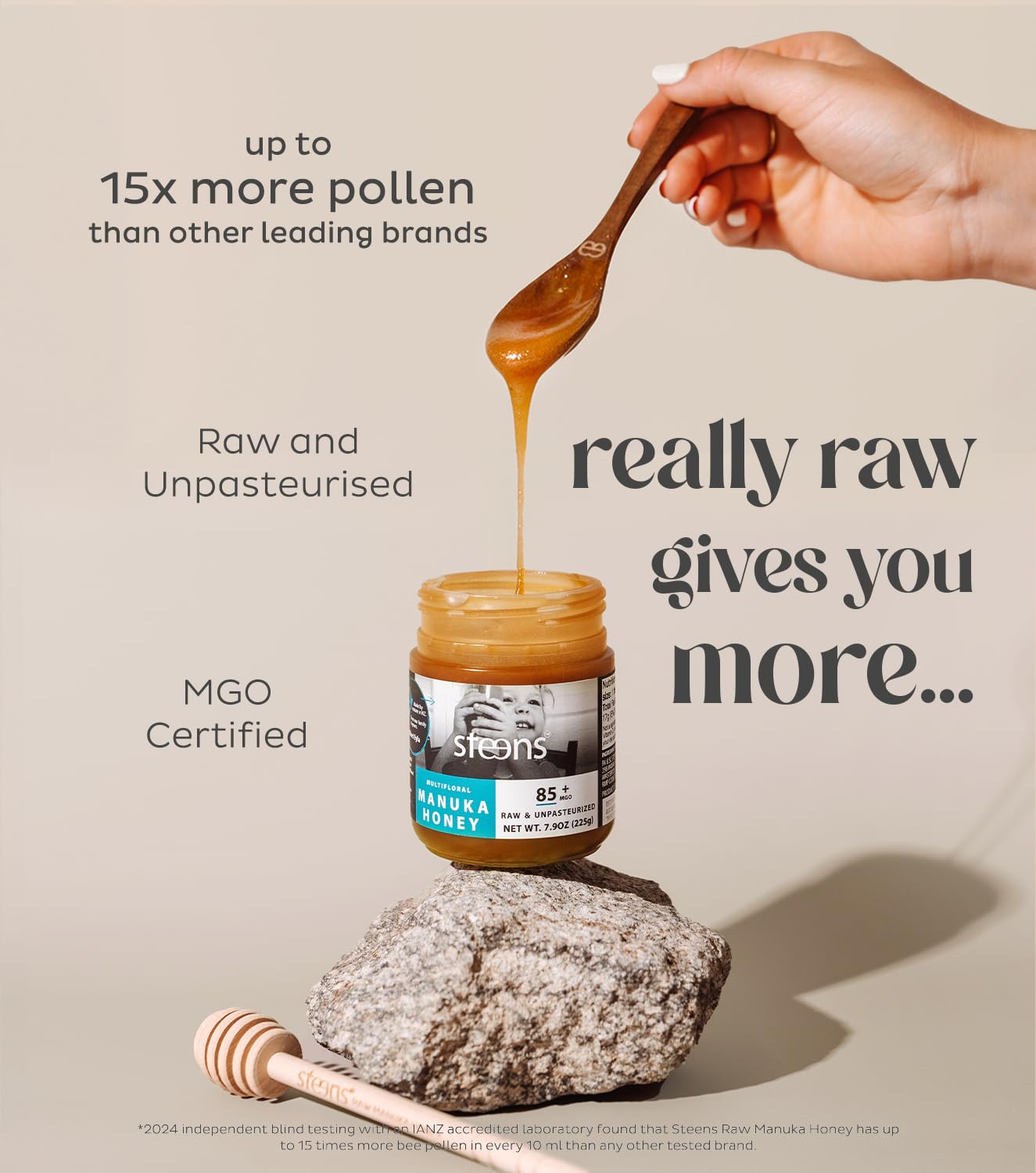 Steens Manuka Honey - MGO 85+ - Pure & Raw 100% certified multifloral Manuka Honey - Bottled and Sealed in New Zealand - 7.9 oz