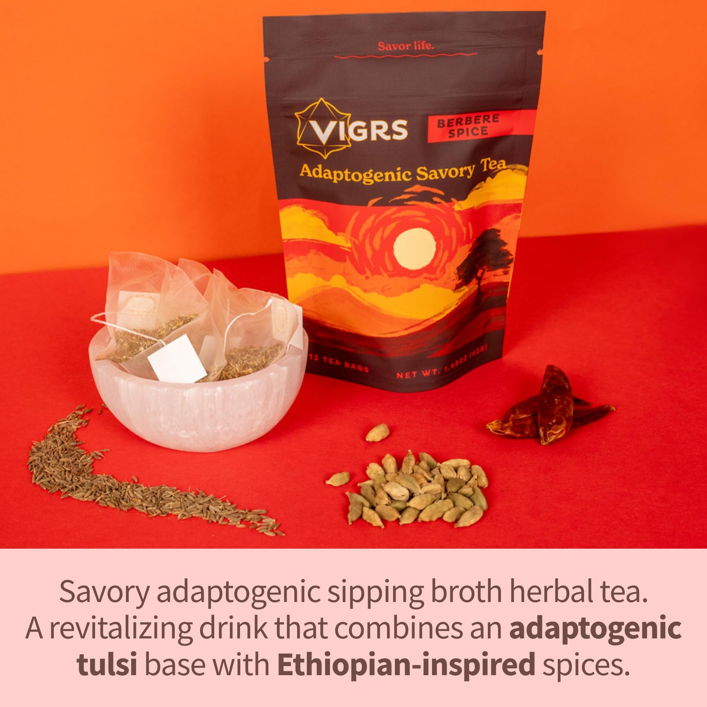 Vigrs Sipping Broth Adaptogenic Herbal Steep Sachets With Savory Seasonings, Berbere Spice Indian Flavor, Vegan, Keto, Gluten Fr