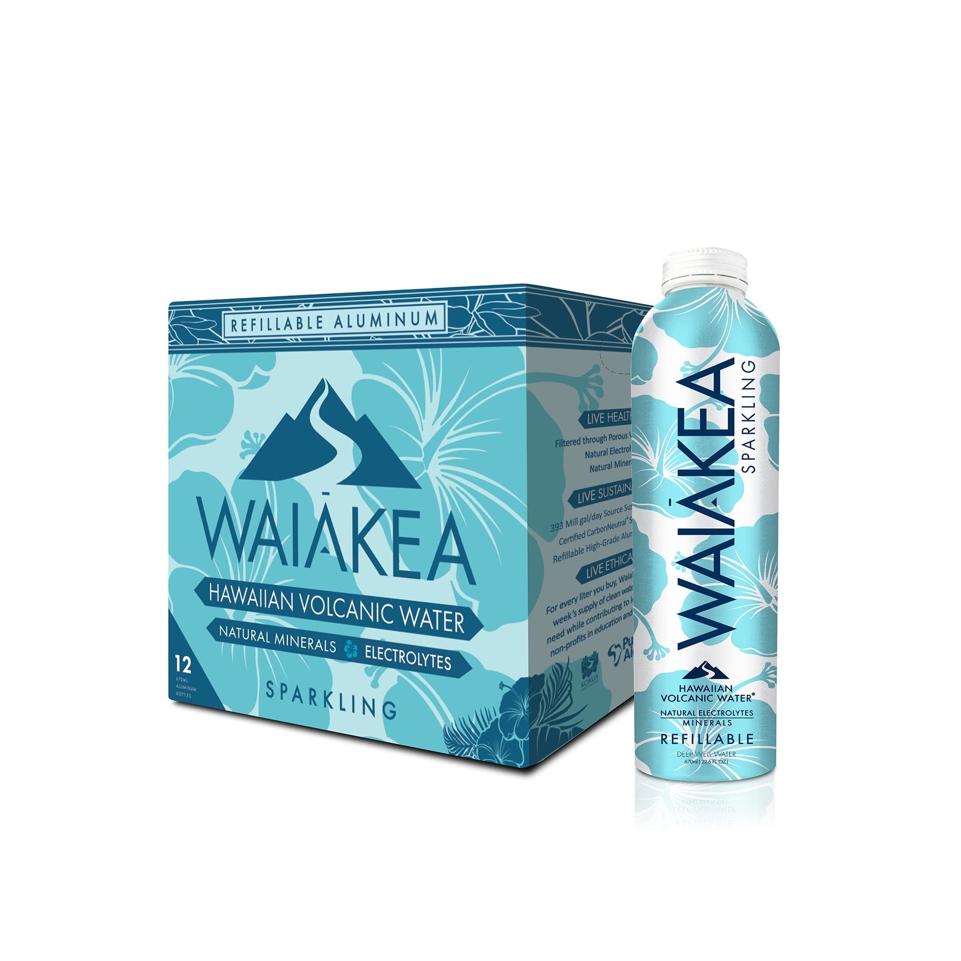 Waiakea Sparkling Hawaiian Volcanic Water 22.6 Fl Oz Refillable Aluminum 12-pack