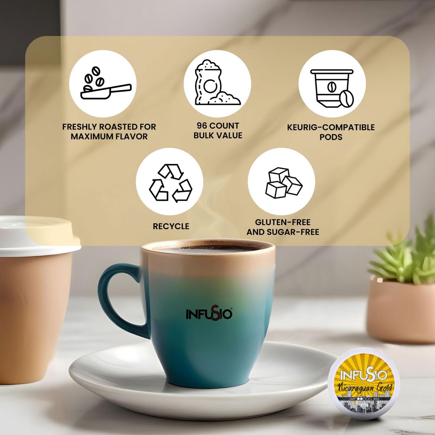 InfuSio Coffee Pods, 96 Count, Nicaraguan Gold, Medium Light Roast, Compatible with Keurig K Cup® malt-inspired