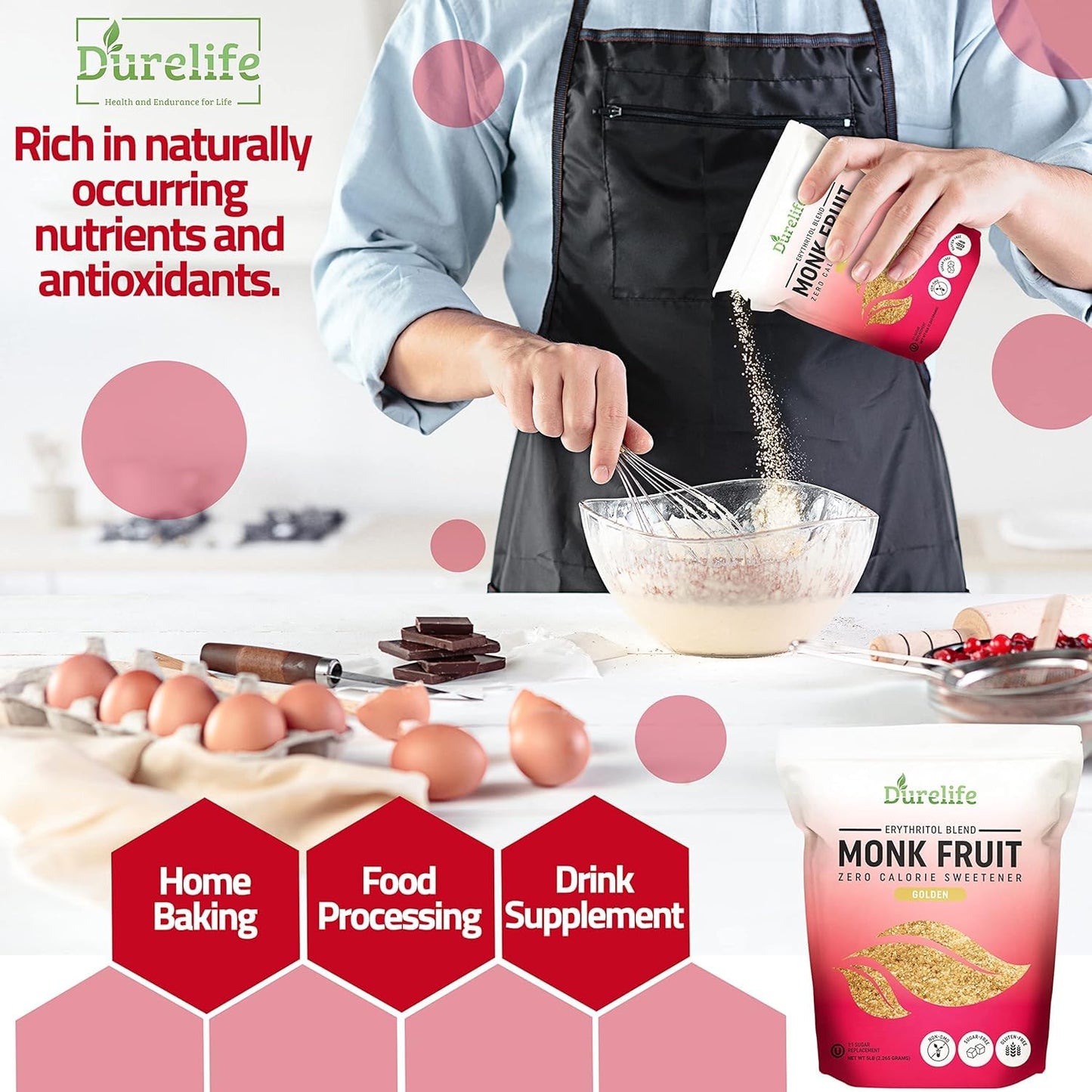 Durelife Golden Monk Fruit Sweetener, 1:1 Sugar Replacement, Keto Diet Friendly, Zero Calorie, Kosher Sugar Substitute Crystal,