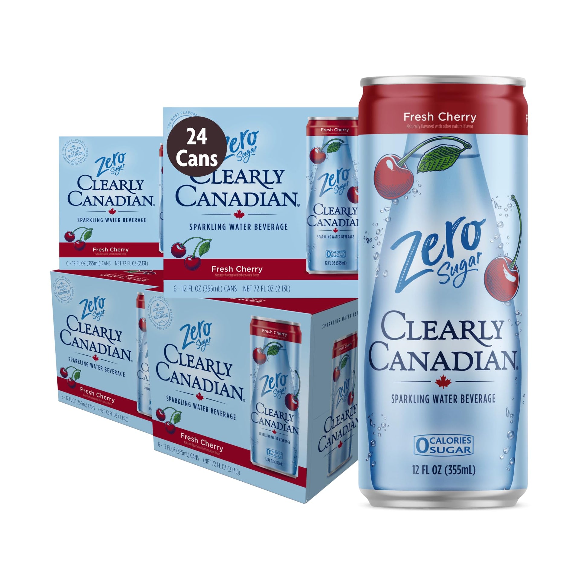 Clearly Canadian Sparkling Water, Zero Sugar & Calories, Fresh Cherry, 12 Fl Oz Can, Pack of 24