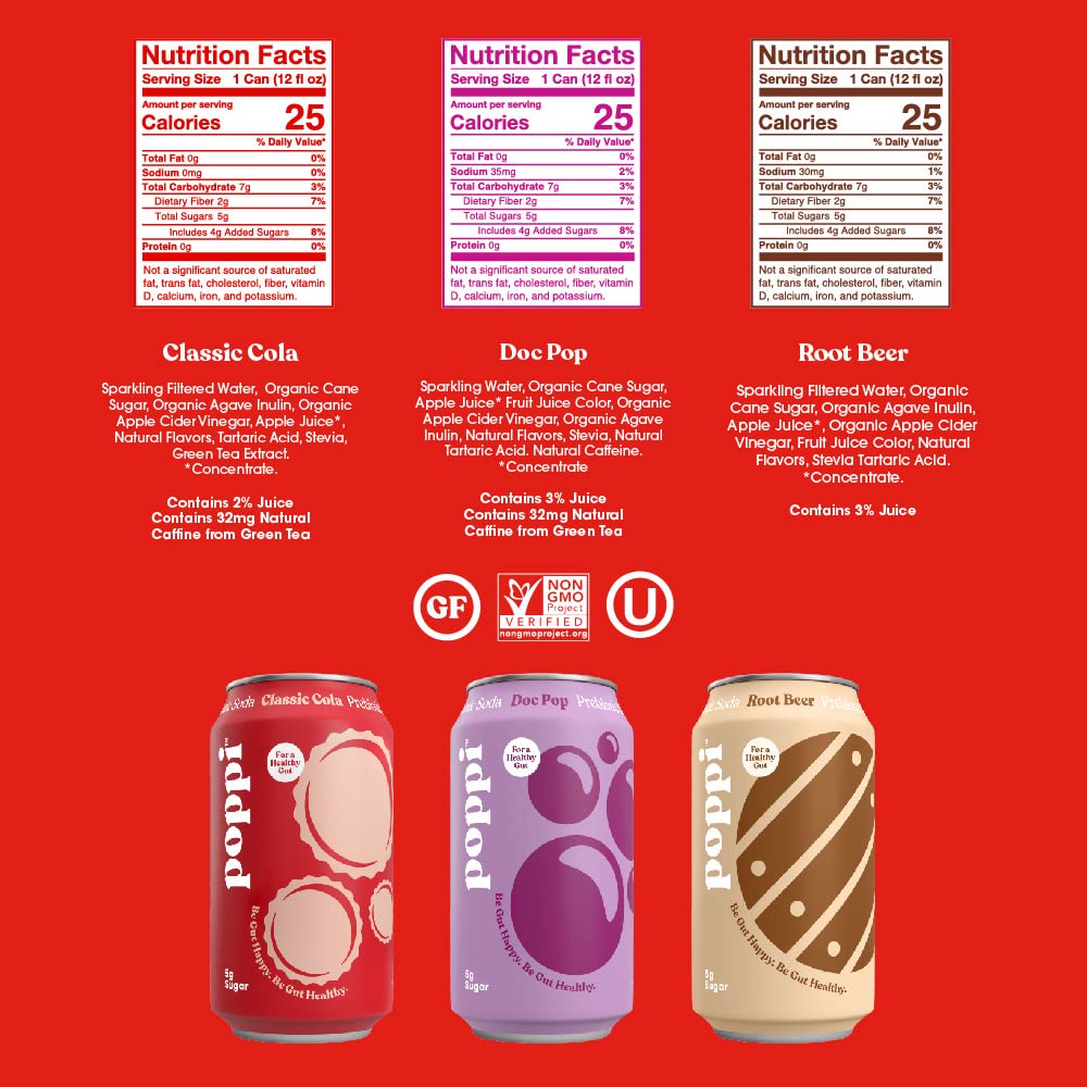 poppi Sparkling Prebiotic Soda Variety Pack, 12 Fl Oz (Pack of 12), Apple Cider Vinegar & Cola Flavors