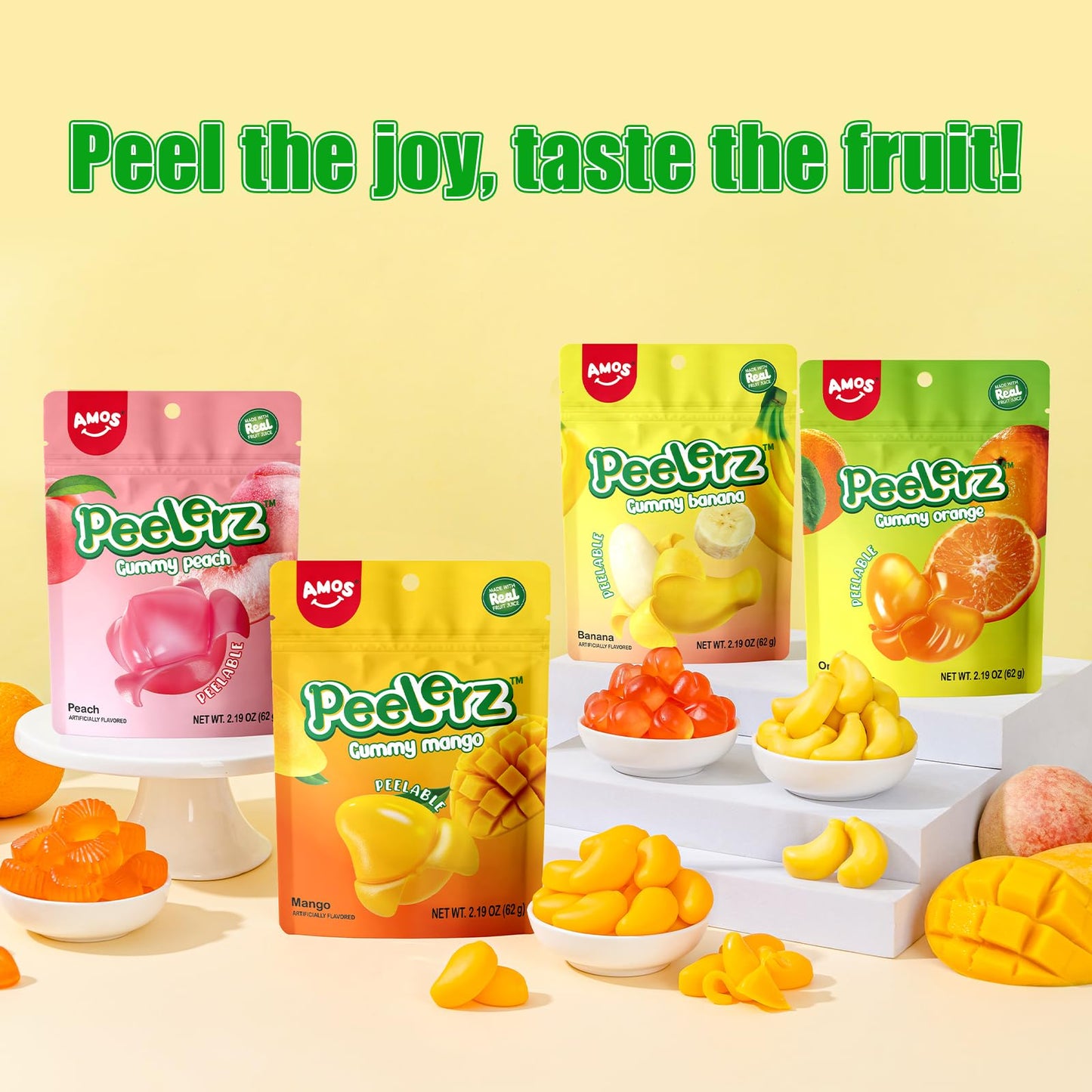 Amos Peelerz Gummy Variety Pack - 4 Individual Packs In Mango, Orange, Peach & Banana Flavors Treats