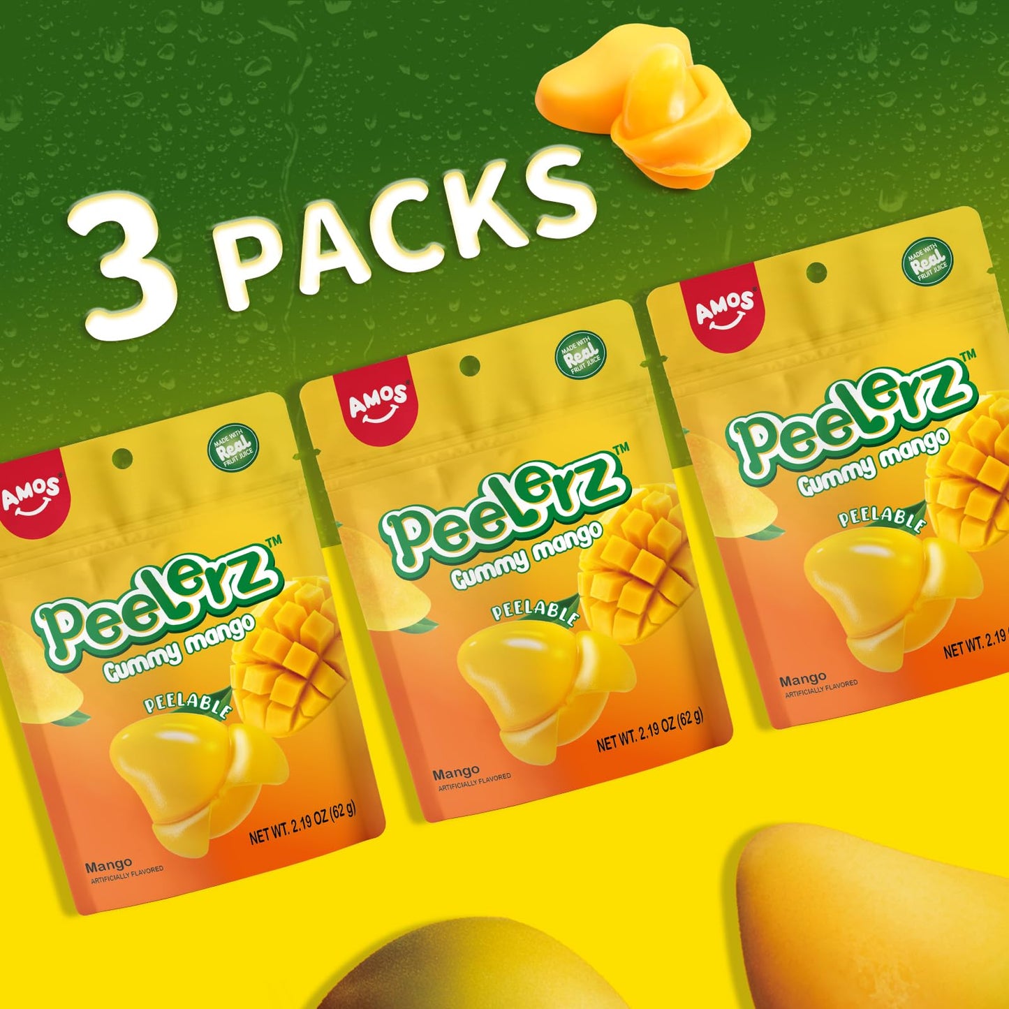 Amos Peelerz Mango Gummy Candy, Peeleble Gummy Mango Peeling Candy,Resealable 2.19Oz Bag (Pack Of 3)