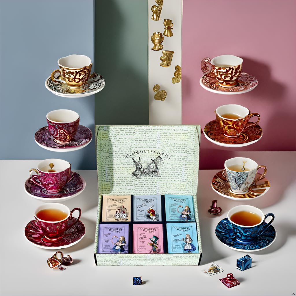 Alices Adventures in Wonderland  Wonder of Tea Gift Set  Tea Sampler includes 6 Flavors of Tea with Book Quotes and Illustrations  Set of 90