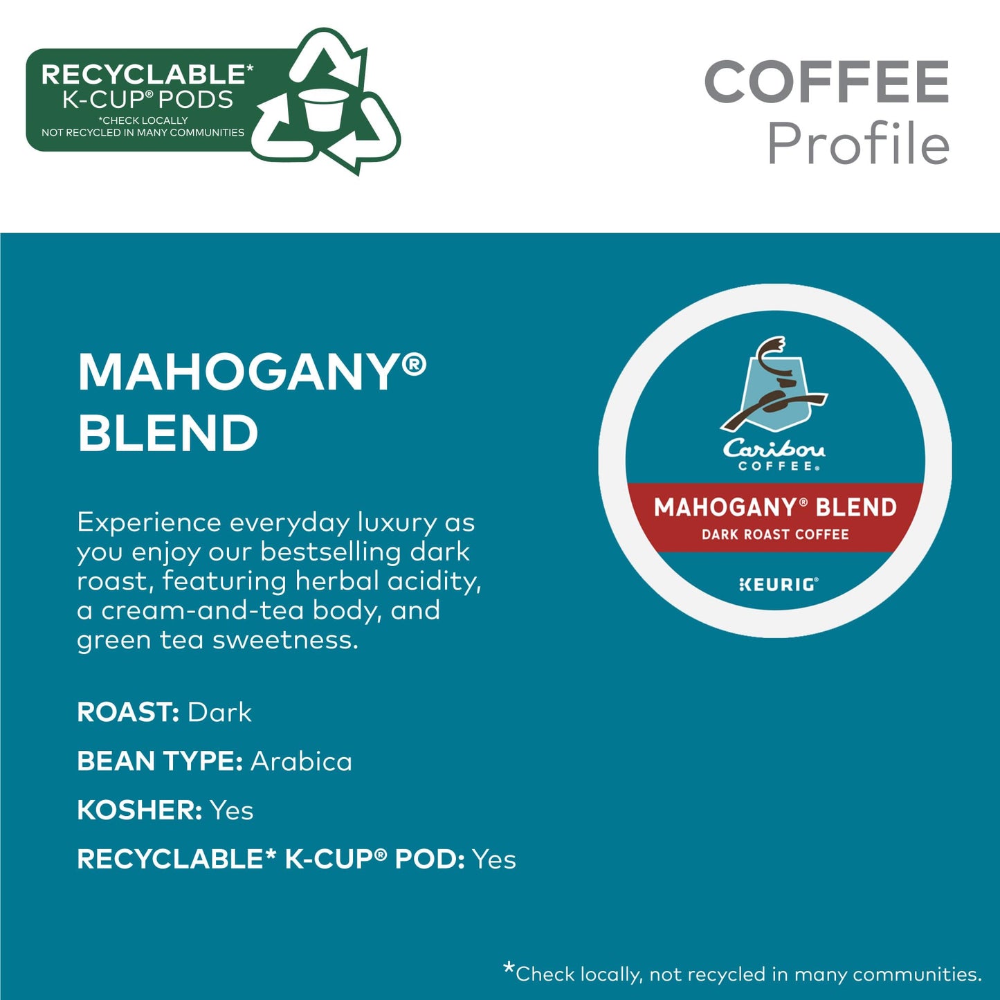 Caribou Coffee Mahogany K-Cup Pods, Dark Roast, 96 Count, 24 Count (Pack of 4), White, Model 5000203157